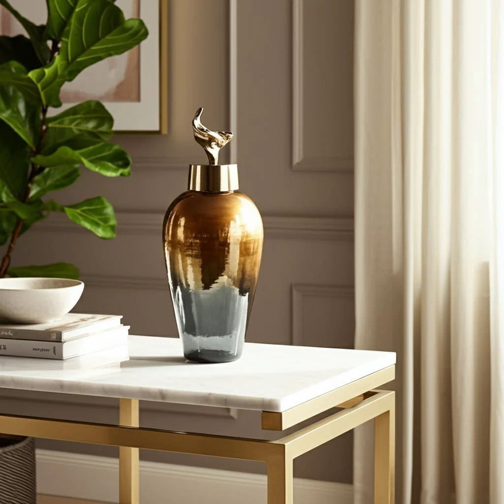 17"h Metal Vase W/ Lily Lid, Bronze - Image 12
