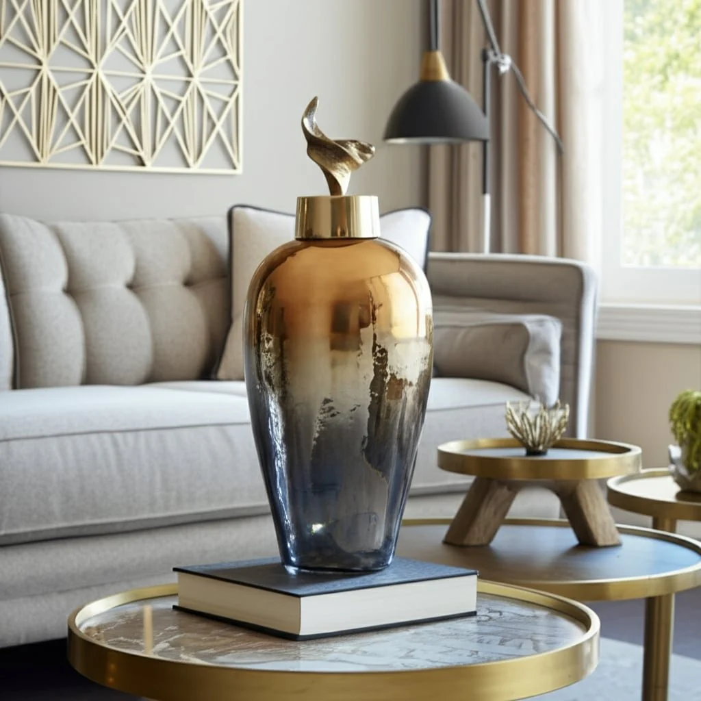17"h Metal Vase W/ Lily Lid, Bronze - Image 13
