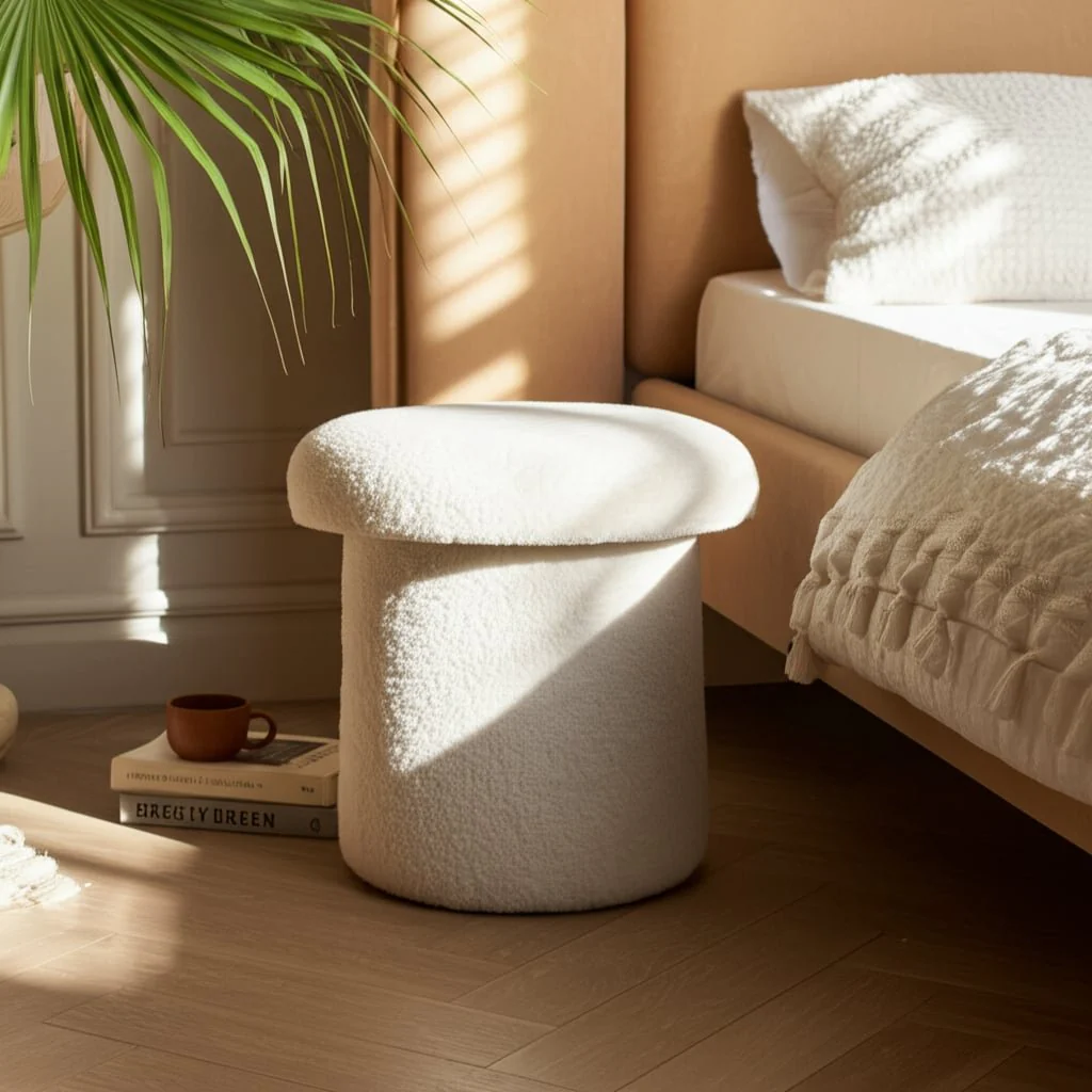 17x17" Mushroom Boucle Ottoman, Ivory - Image 11