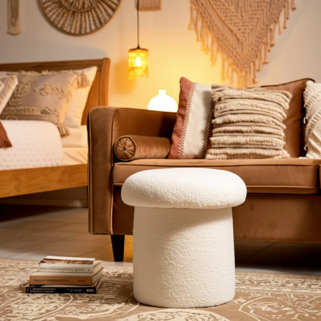 17x17" Mushroom Boucle Ottoman, Ivory - Image 12