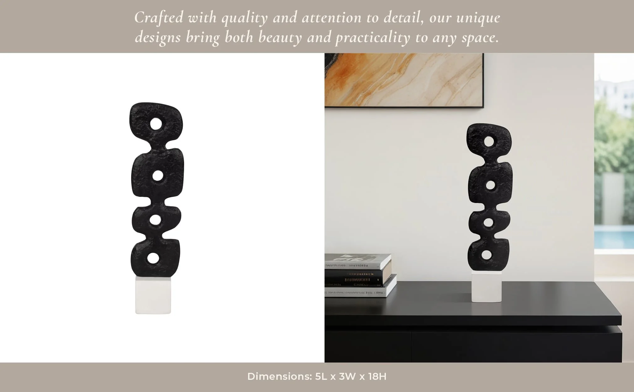 18" Abstract Totem Sculpture  Marble Base, Black/w - Image 11