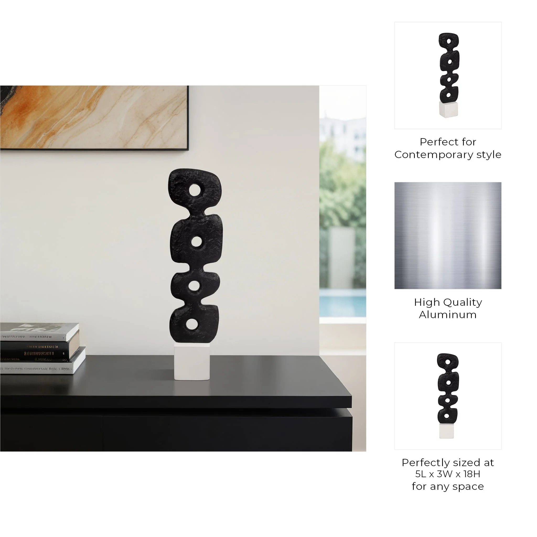 18" Abstract Totem Sculpture  Marble Base, Black/w - Image 9