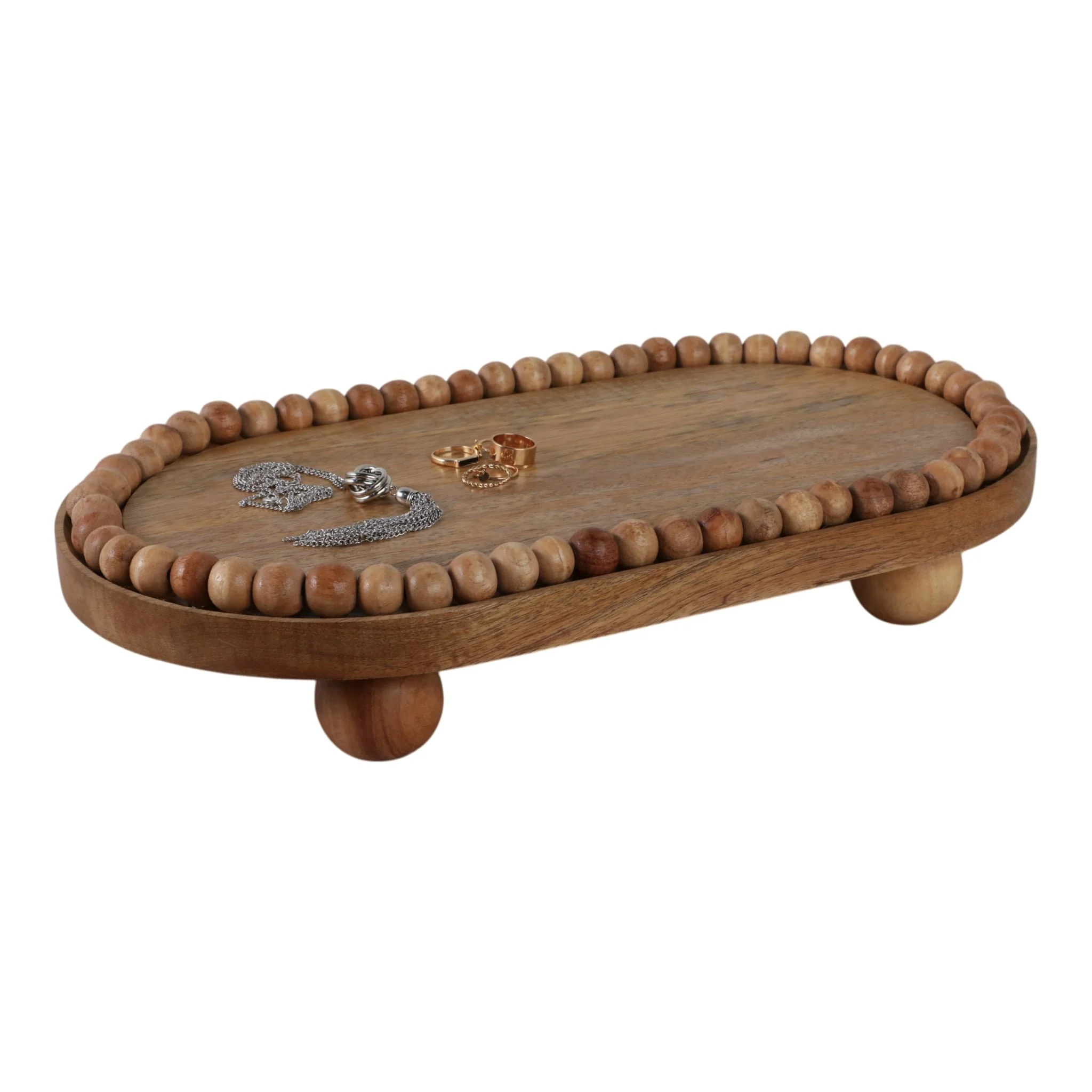 18" Beaded Oval Tray With Ball Feet, Nat - Image 2