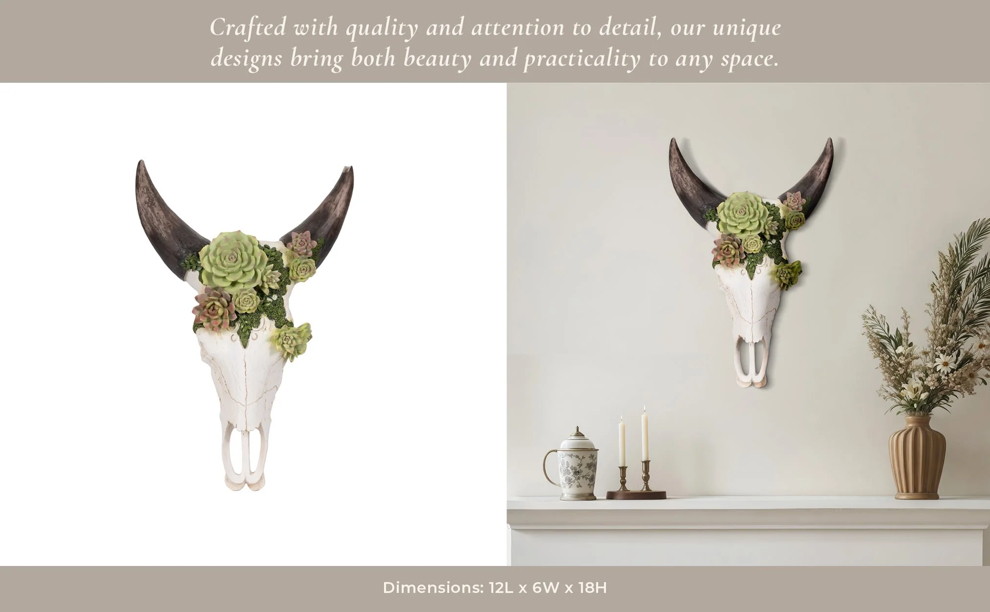 18" Bull Skull With Succulents, Multi - Image 9