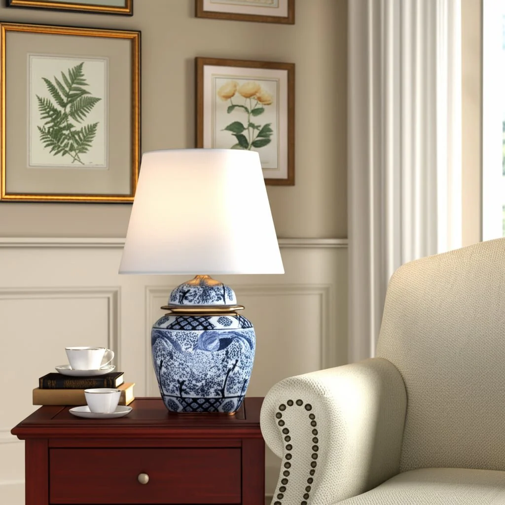 18" Chinoiserie Table Lamp Gold Trim, White/blue - Image 9