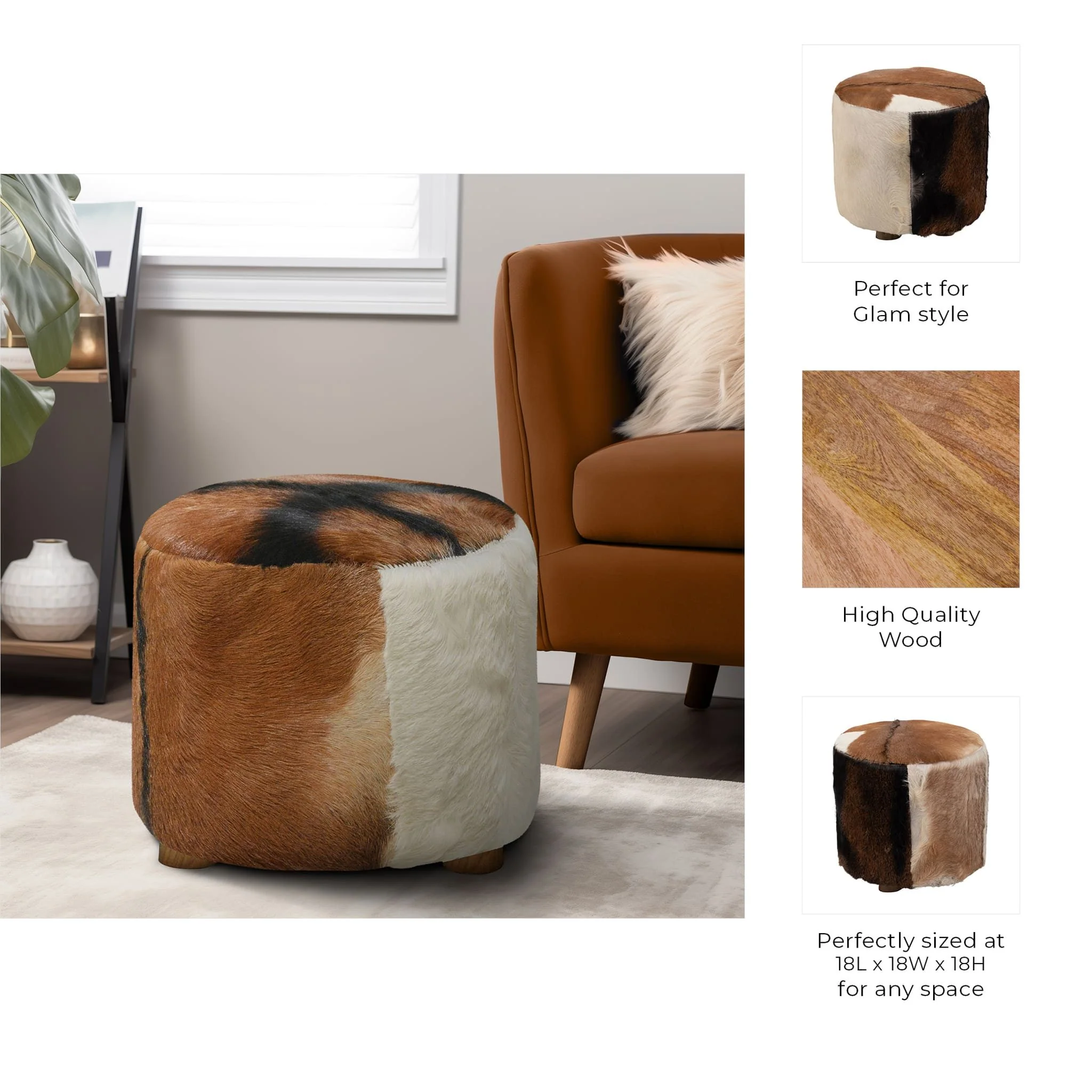 18" Cowhide Ottoman, Multi - Image 8