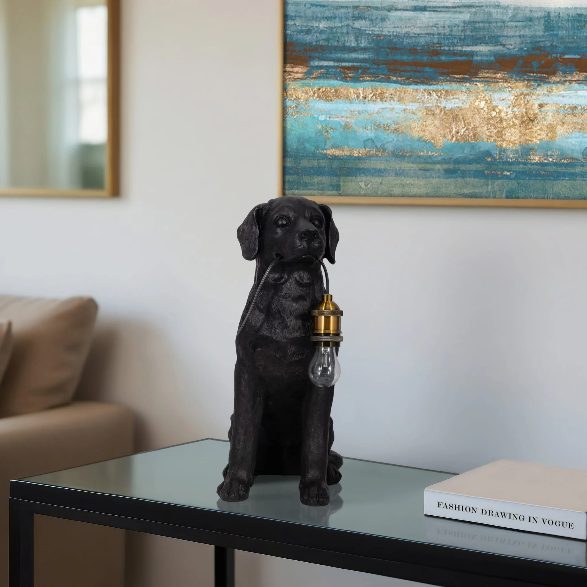 18" Dog Holding Lightbulb Table Lamp, Black/gold - Image 9