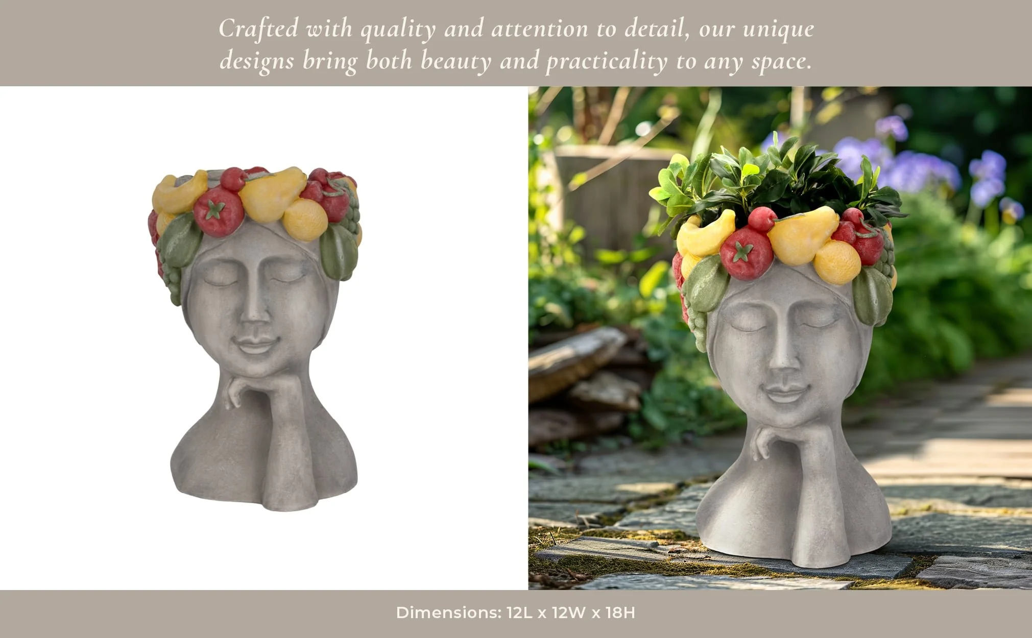18" Lady With Fruit Planter, Grey/multi - Image 11