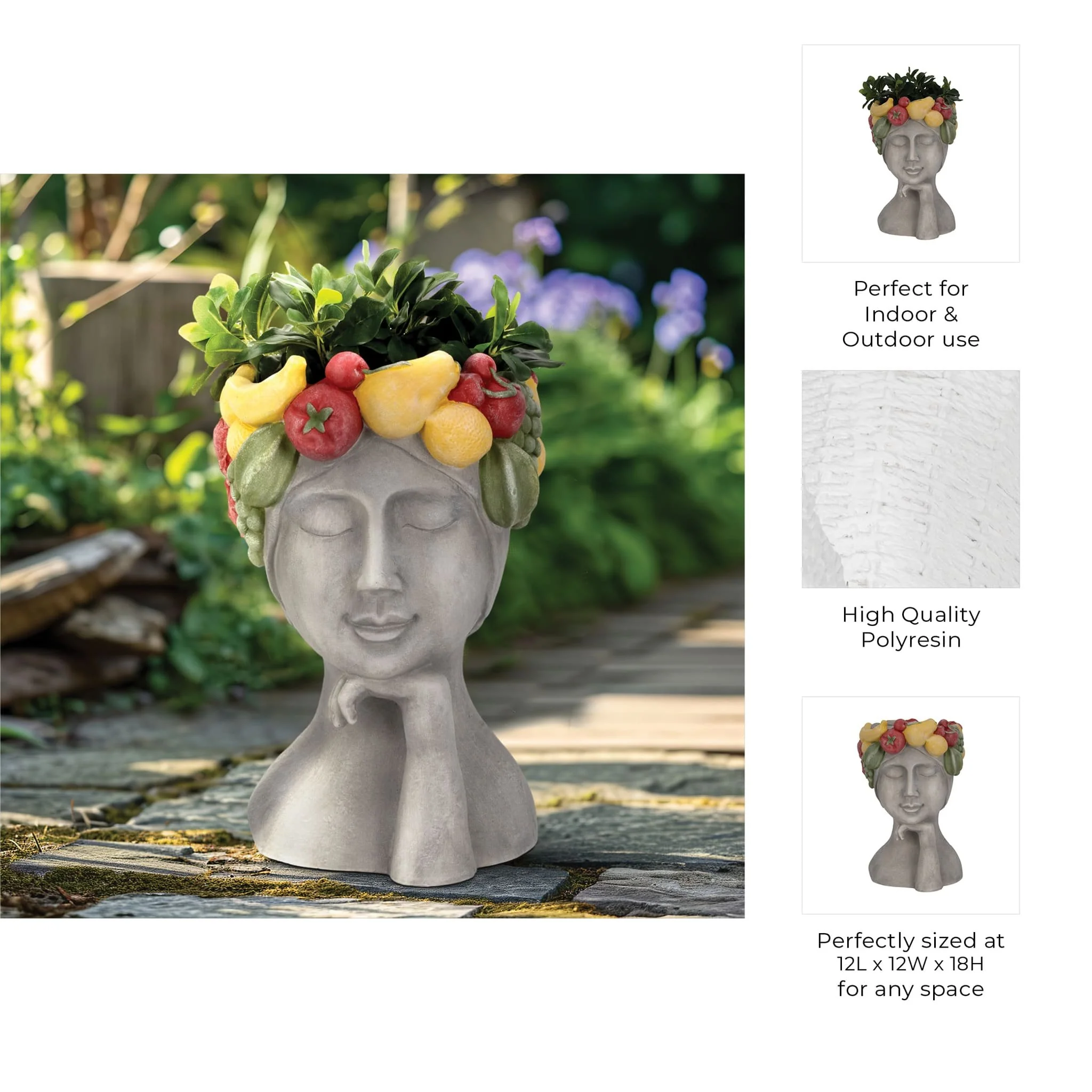 18" Lady With Fruit Planter, Grey/multi - Image 9