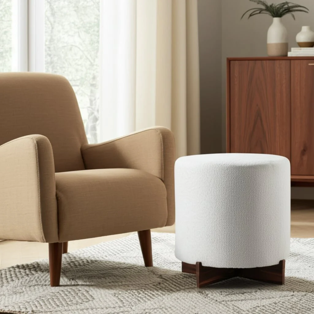 18" Modern Teddy Ottoman With Wood Base, Ivory - Image 3