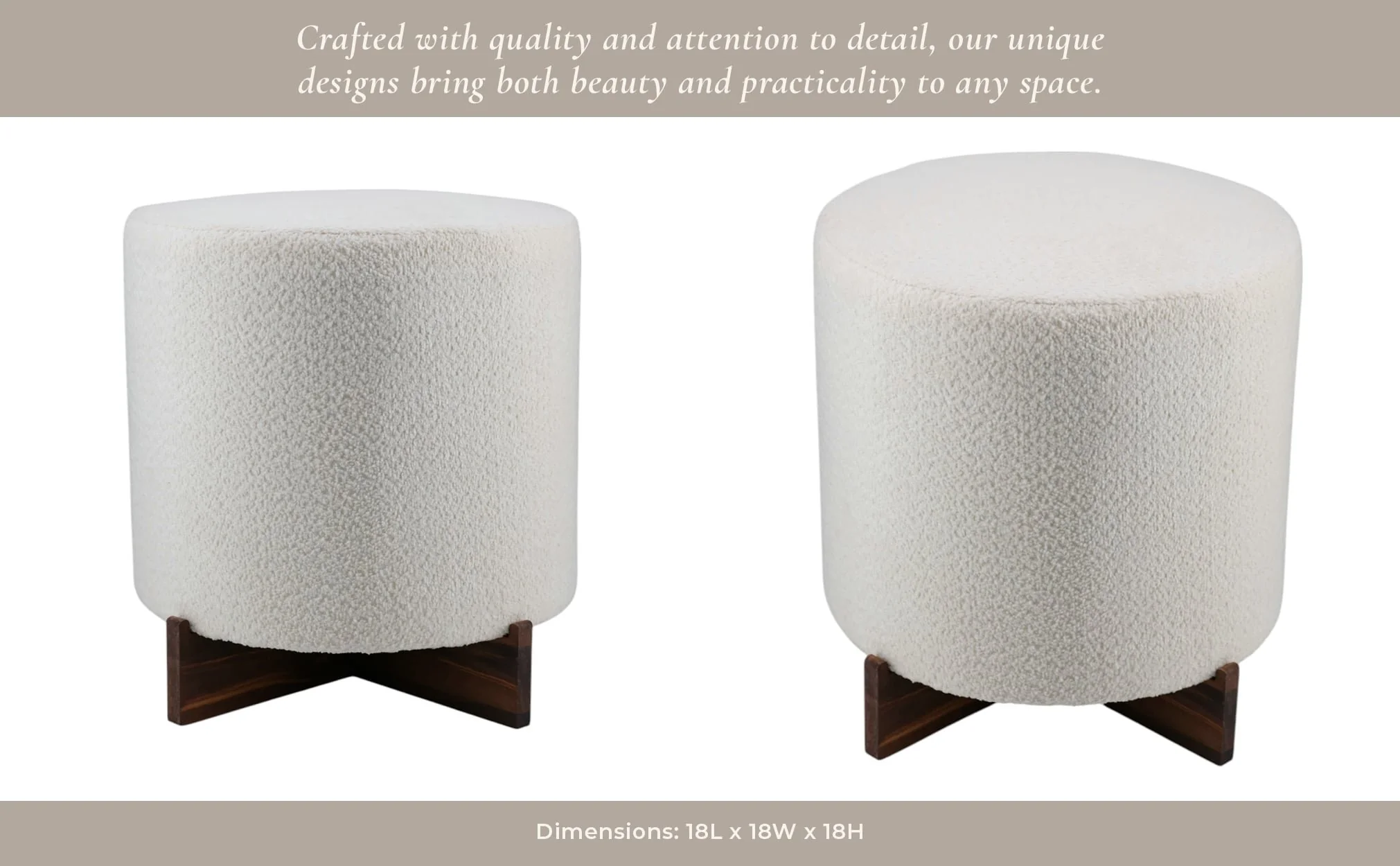 18" Modern Teddy Ottoman With Wood Base, Ivory - Image 5