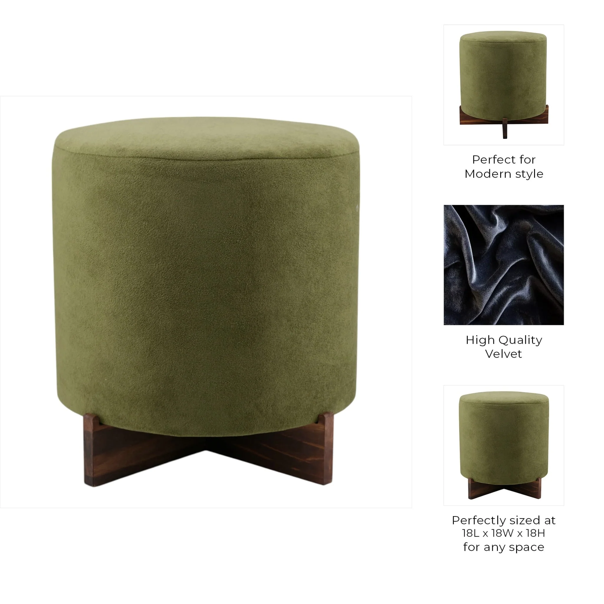 18" Modern Velvet Ottoman With Wood Base, Green - Image 7
