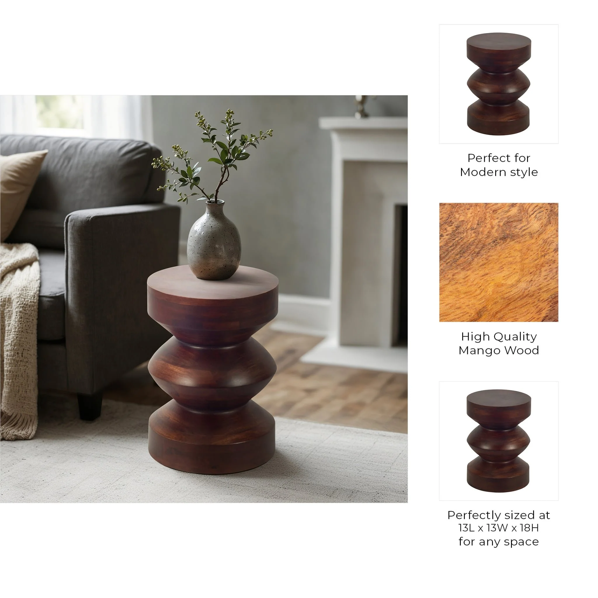 18" Solid Mango Side Table, Walnut - Image 8