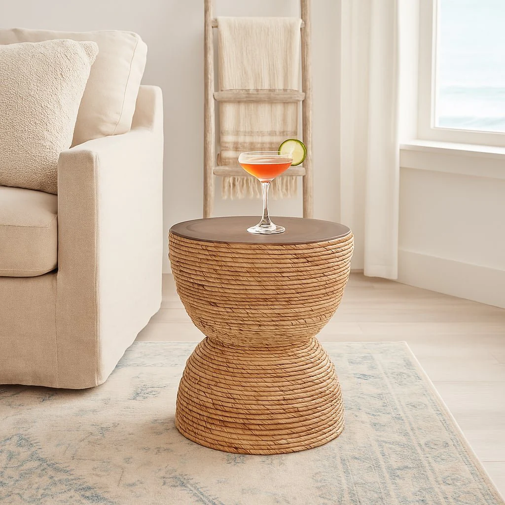 18" Teakwood Accent Table W/woven Banana Leaf, Nat - Image 11