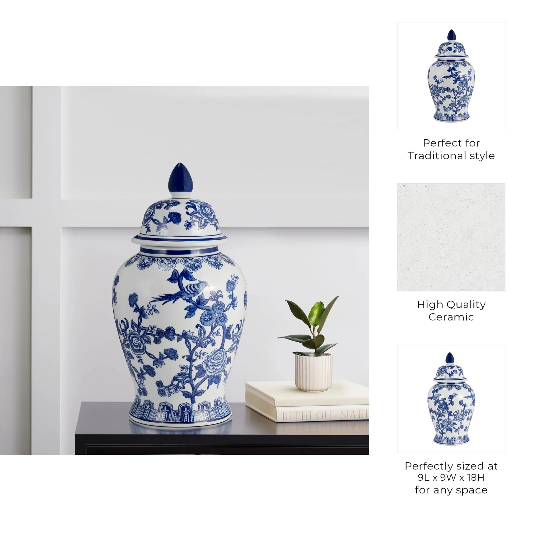 18" Temple Jar Bird/flower, Blue - Image 10