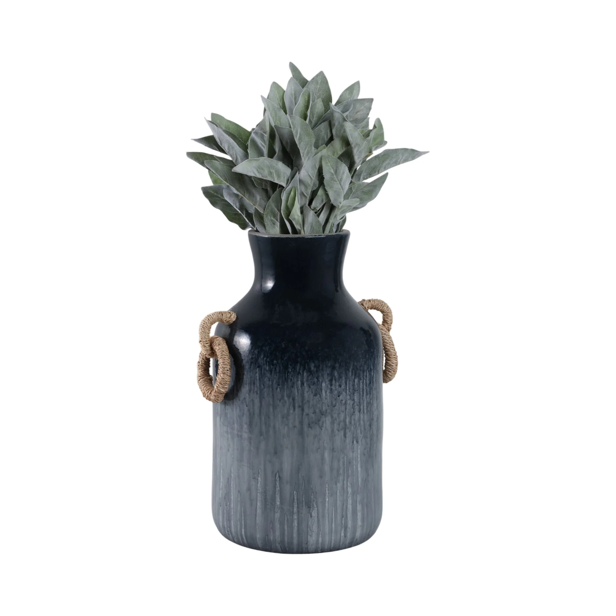 18" Vase With Rattan Handles Reactive Finish, Blue - Image 2