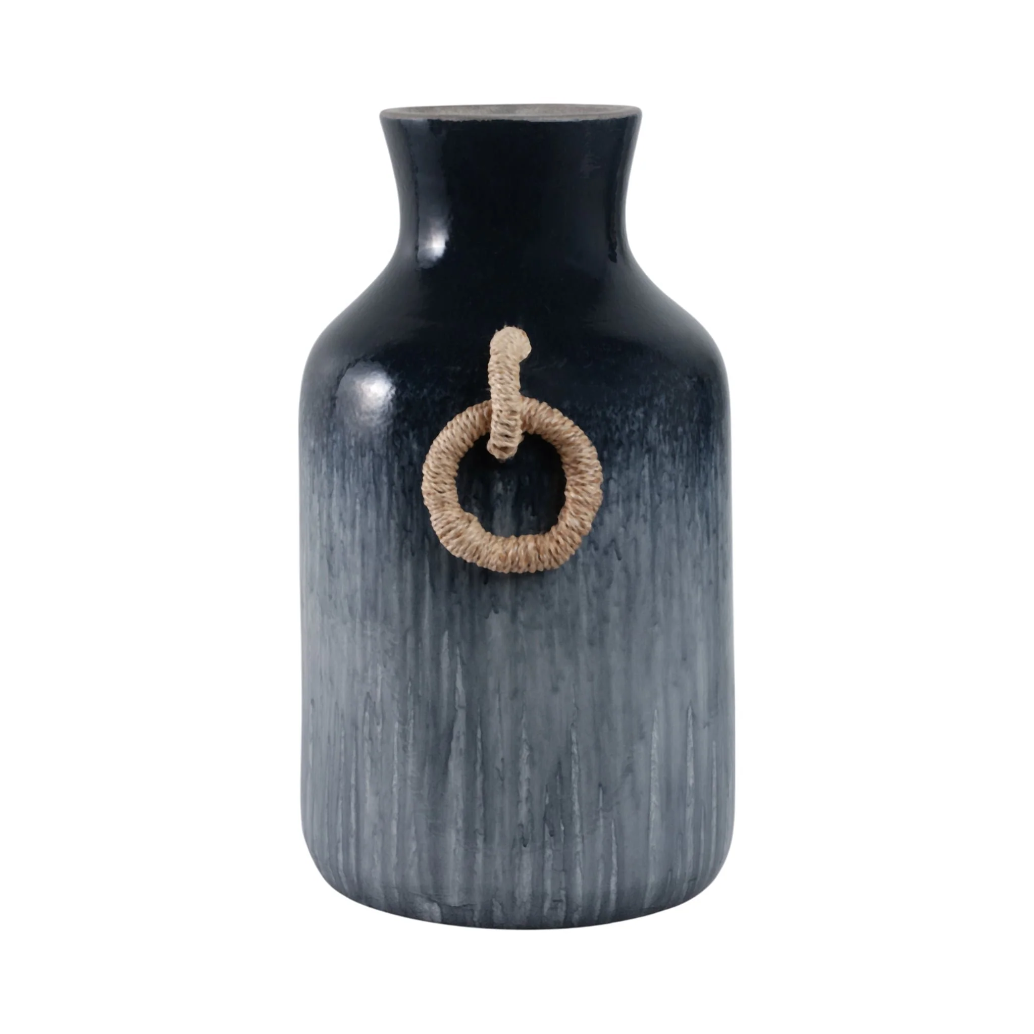 18" Vase With Rattan Handles Reactive Finish, Blue - Image 3