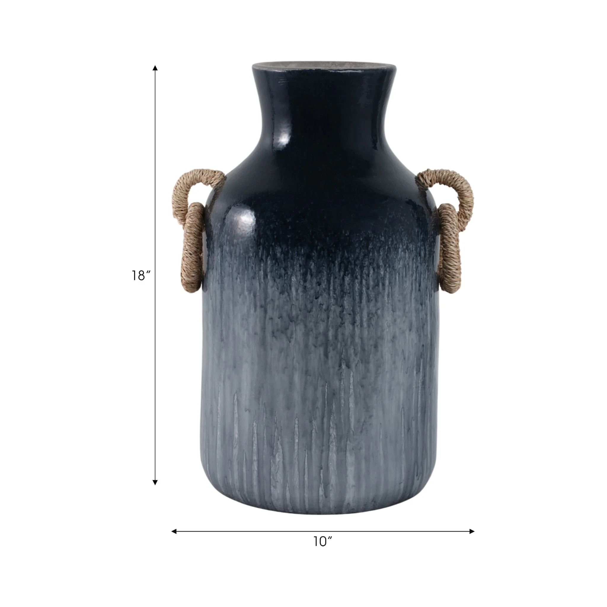 18" Vase With Rattan Handles Reactive Finish, Blue - Image 9