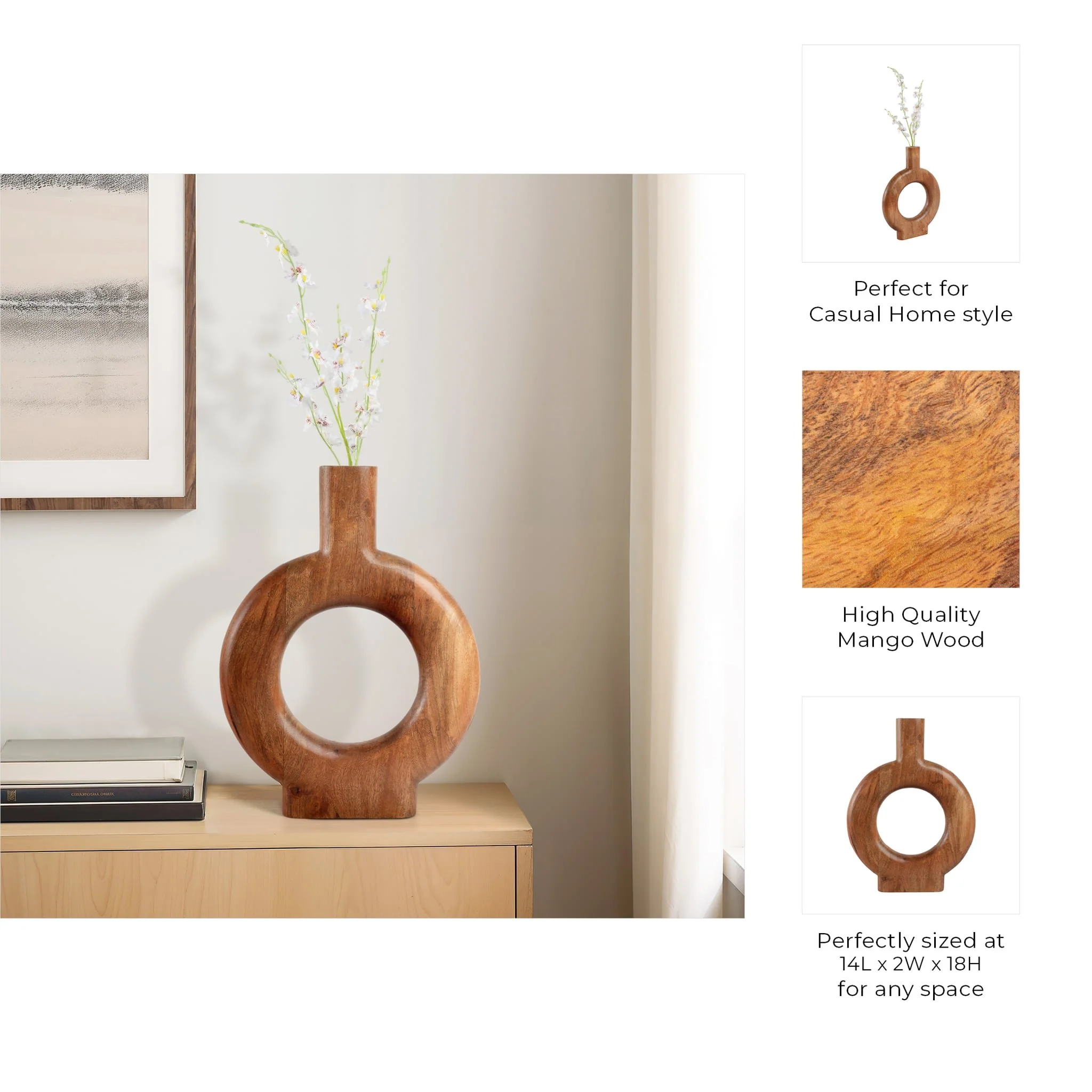 18x14" Donut Shaped Wood Vase, Natural - Image 10