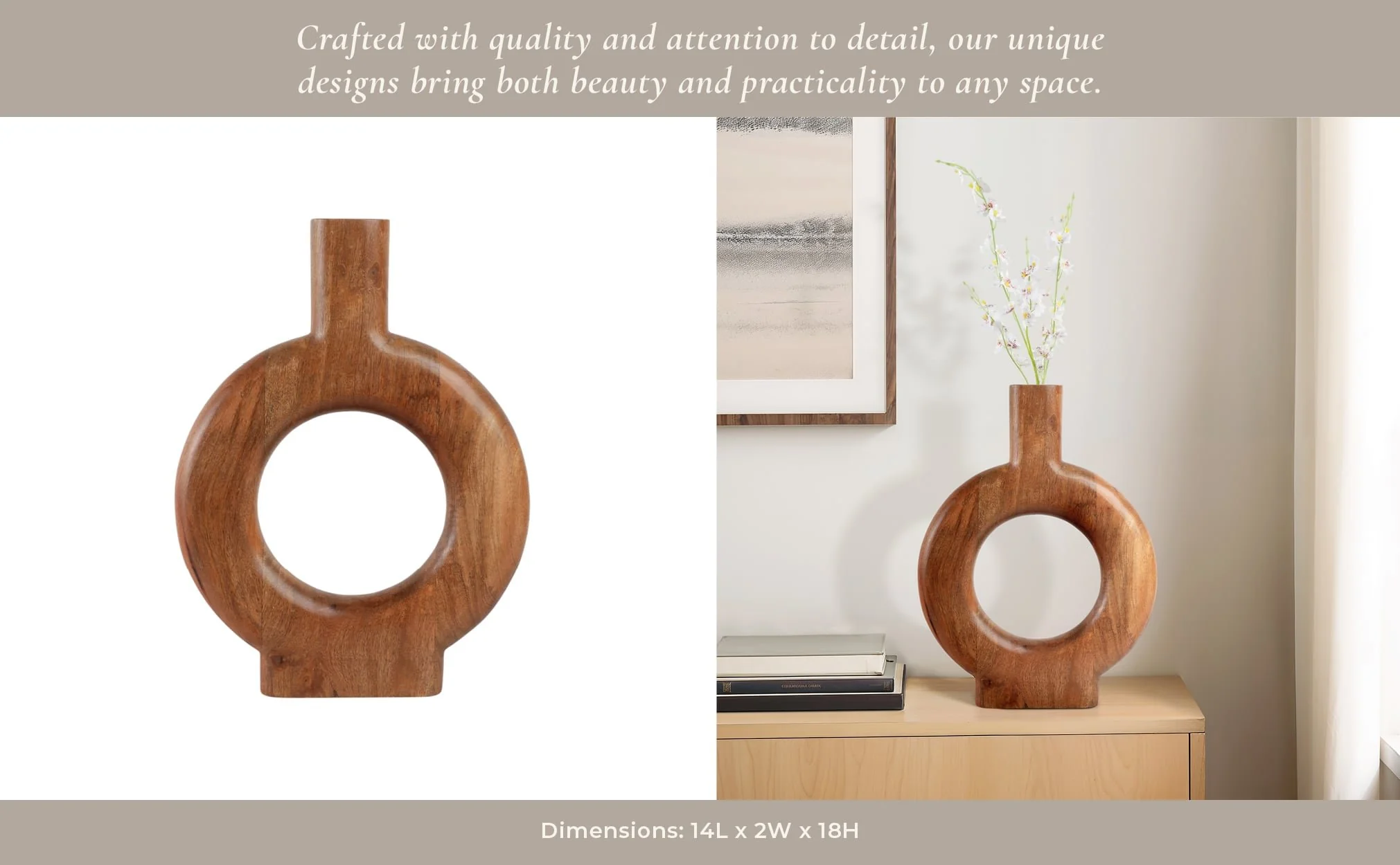 18x14" Donut Shaped Wood Vase, Natural - Image 12