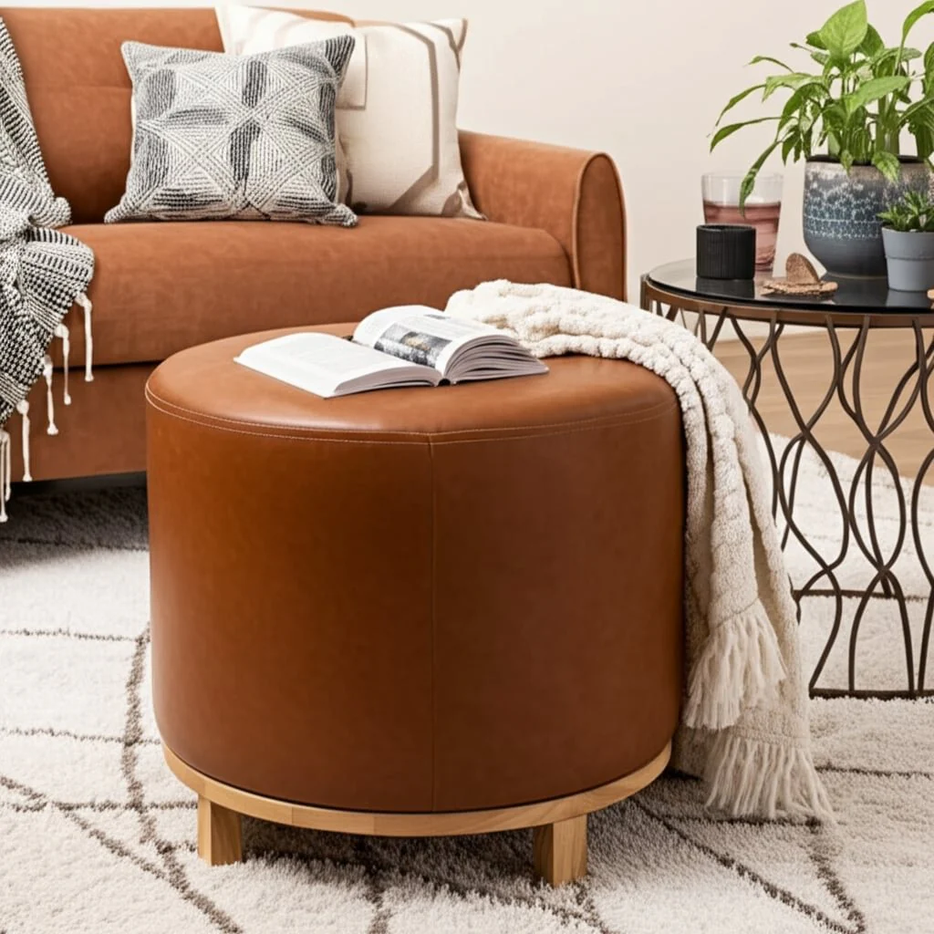 18x18" Faux Leather Ottoman With Wood Base, Brown - Image 11