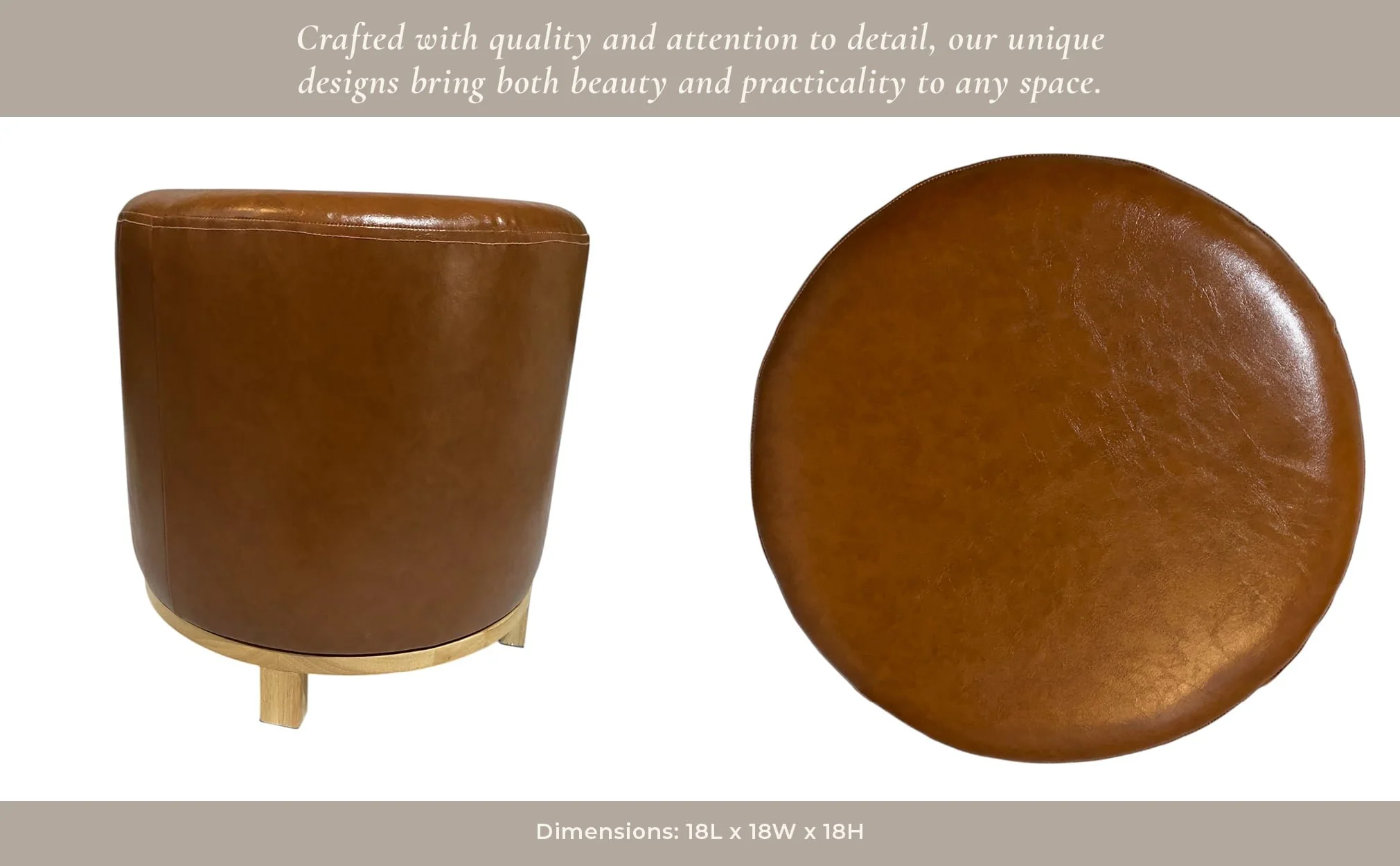 18x18" Faux Leather Ottoman With Wood Base, Brown - Image 12