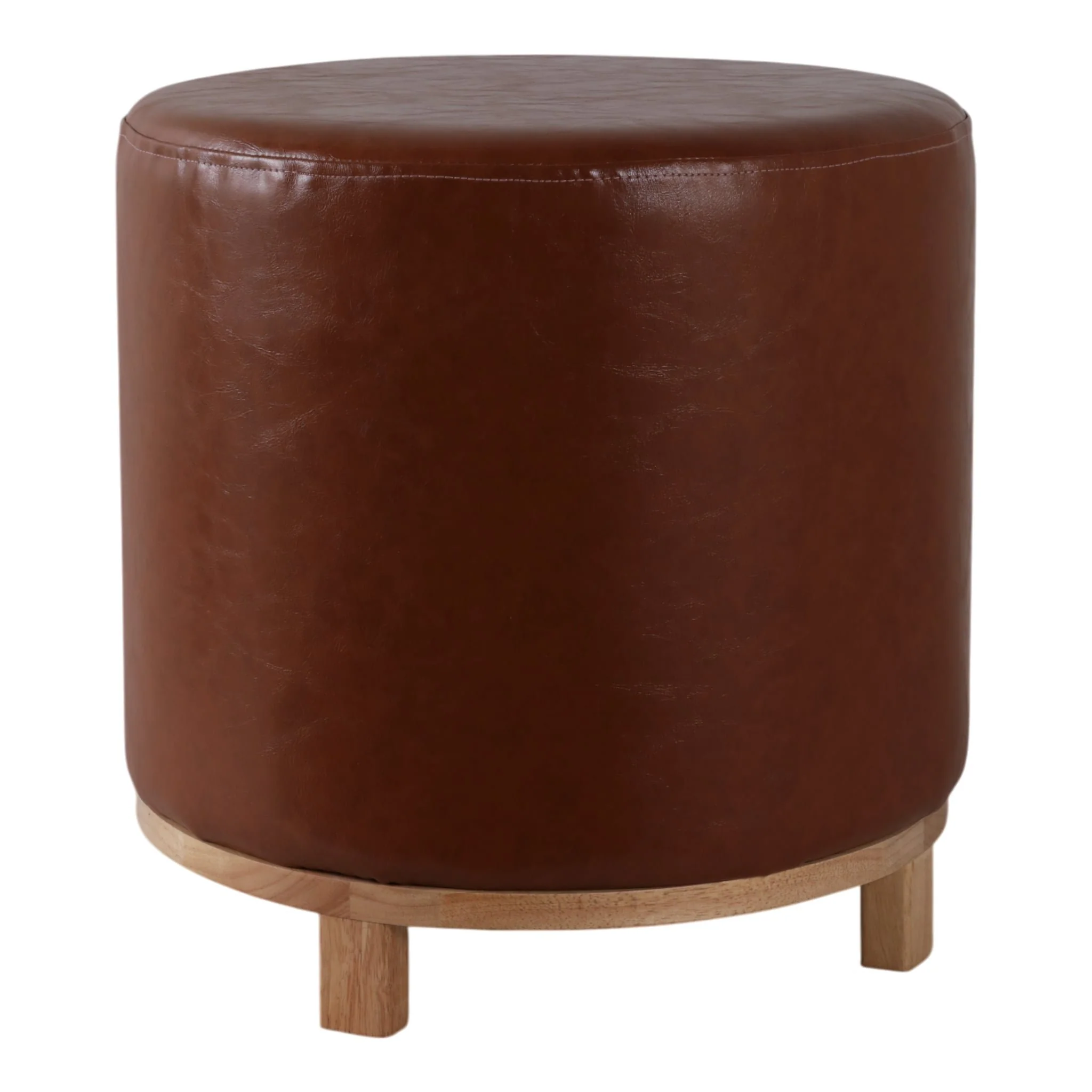 18x18" Faux Leather Ottoman With Wood Base, Brown - Image 2