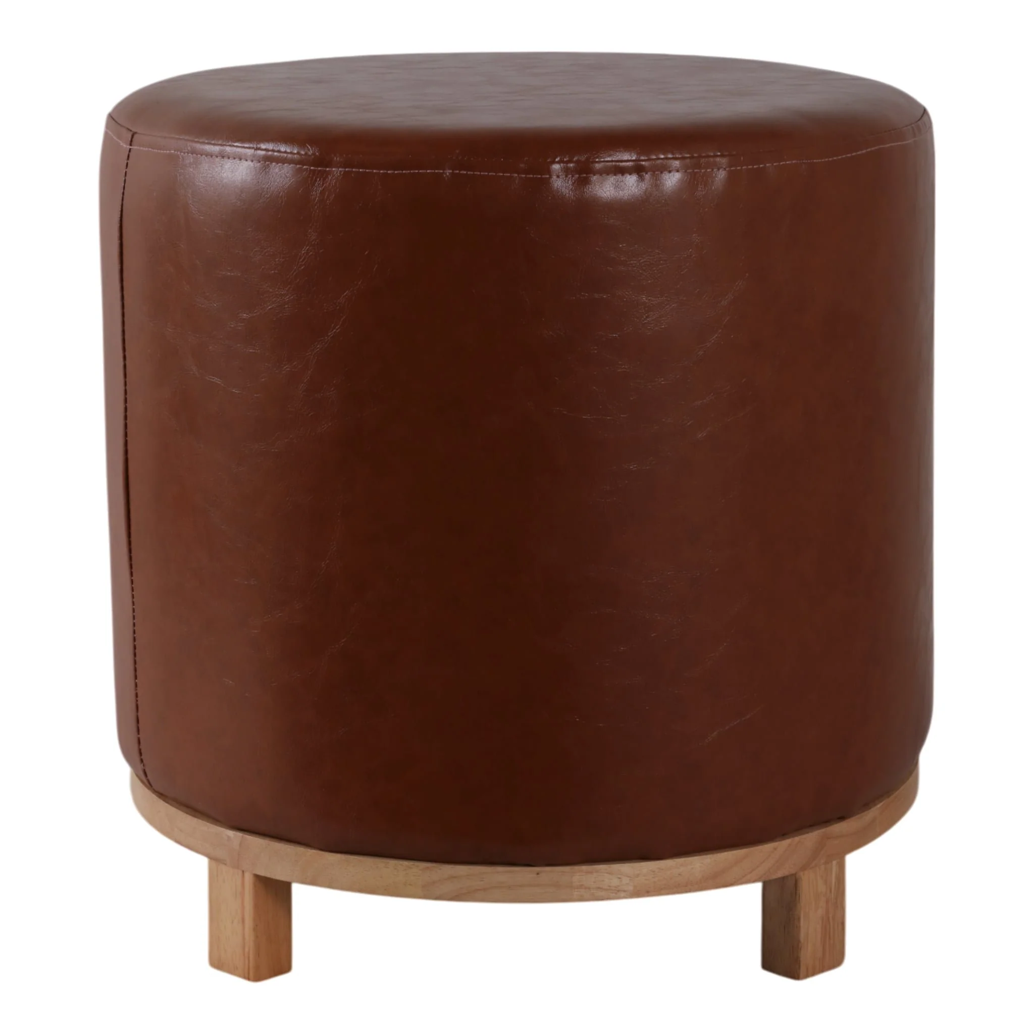 18x18" Faux Leather Ottoman With Wood Base, Brown - Image 3