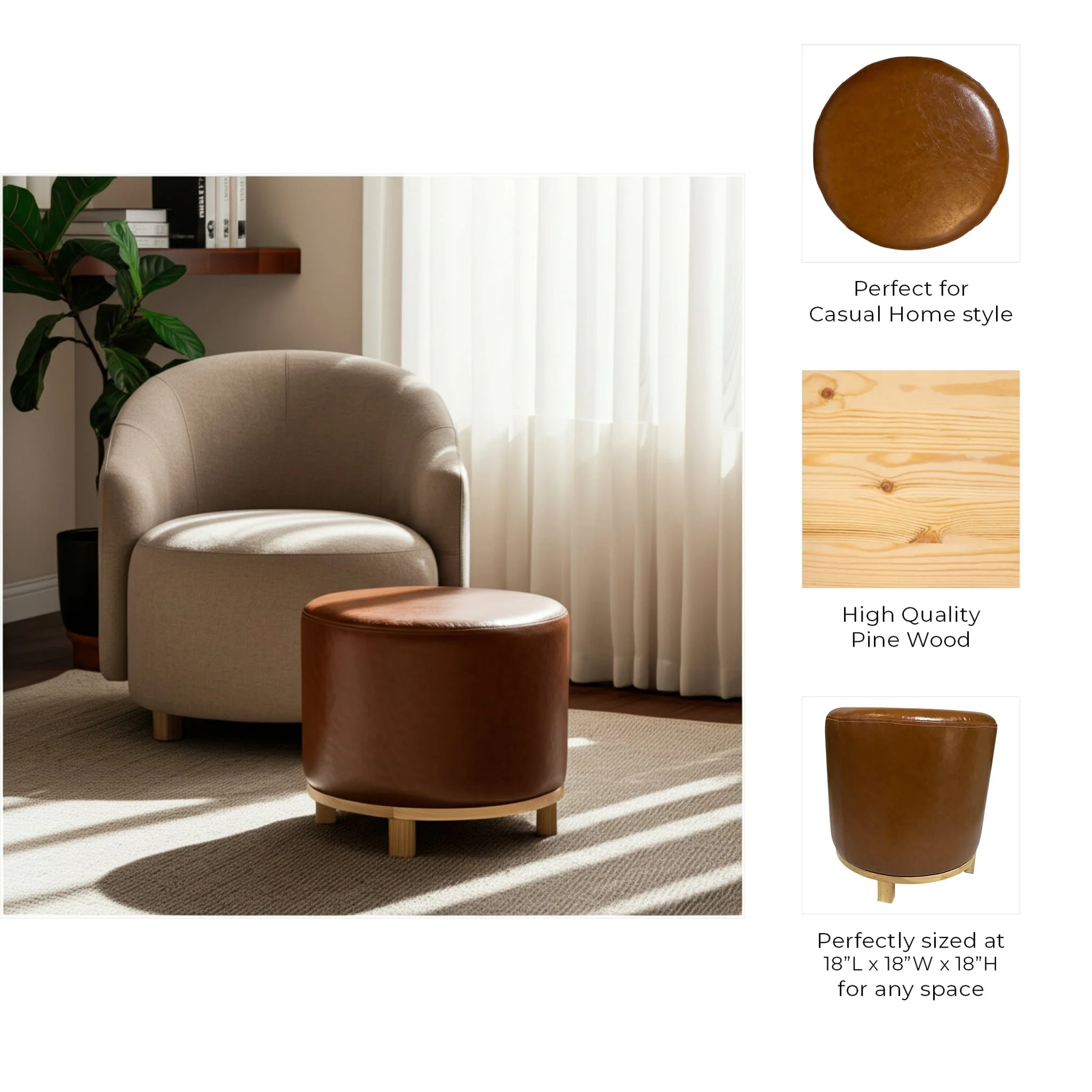 18x18" Faux Leather Ottoman With Wood Base, Brown - Image 9