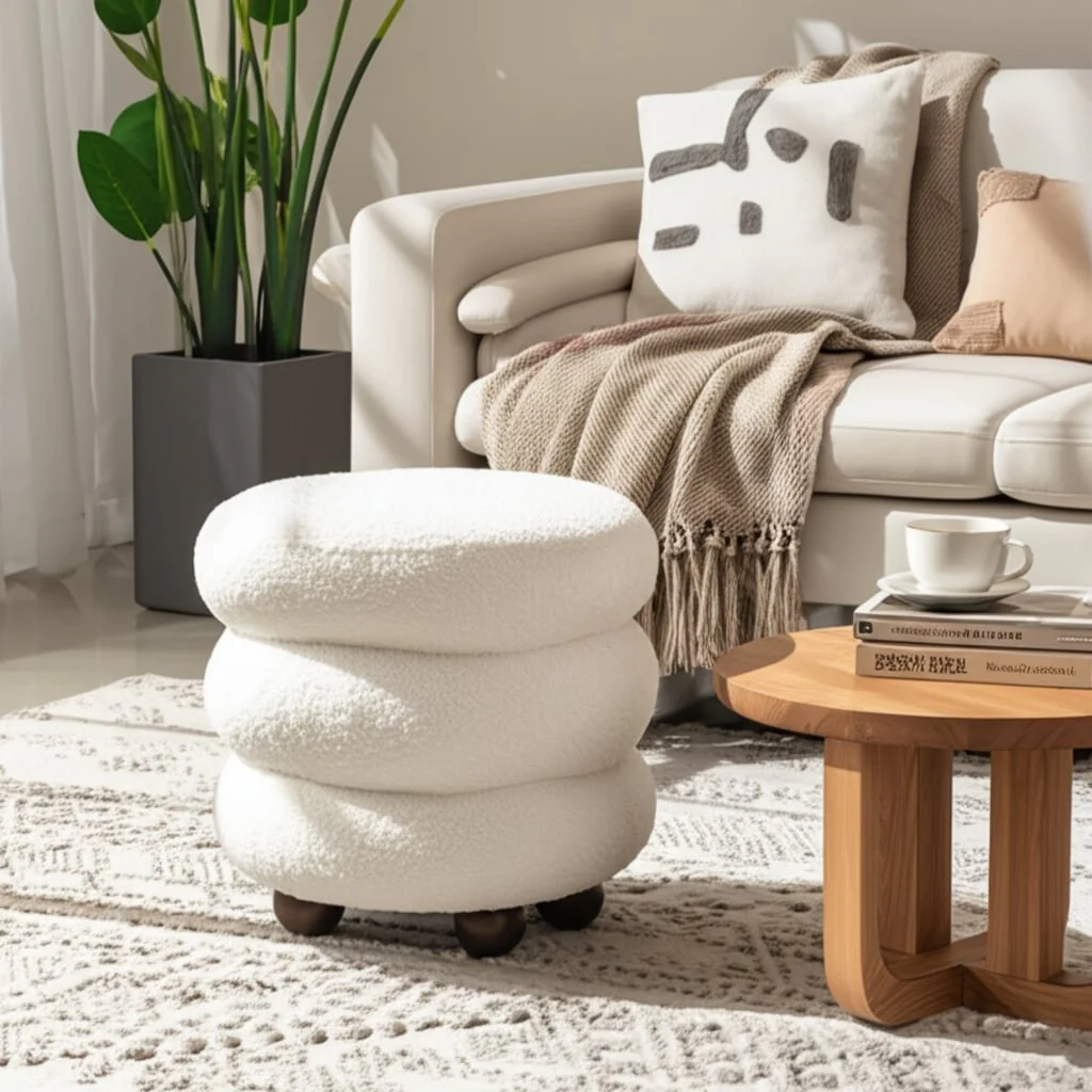 18x18" Ribbed Teddy Ottoman W/ Ball Feet, Ivory - Image 9