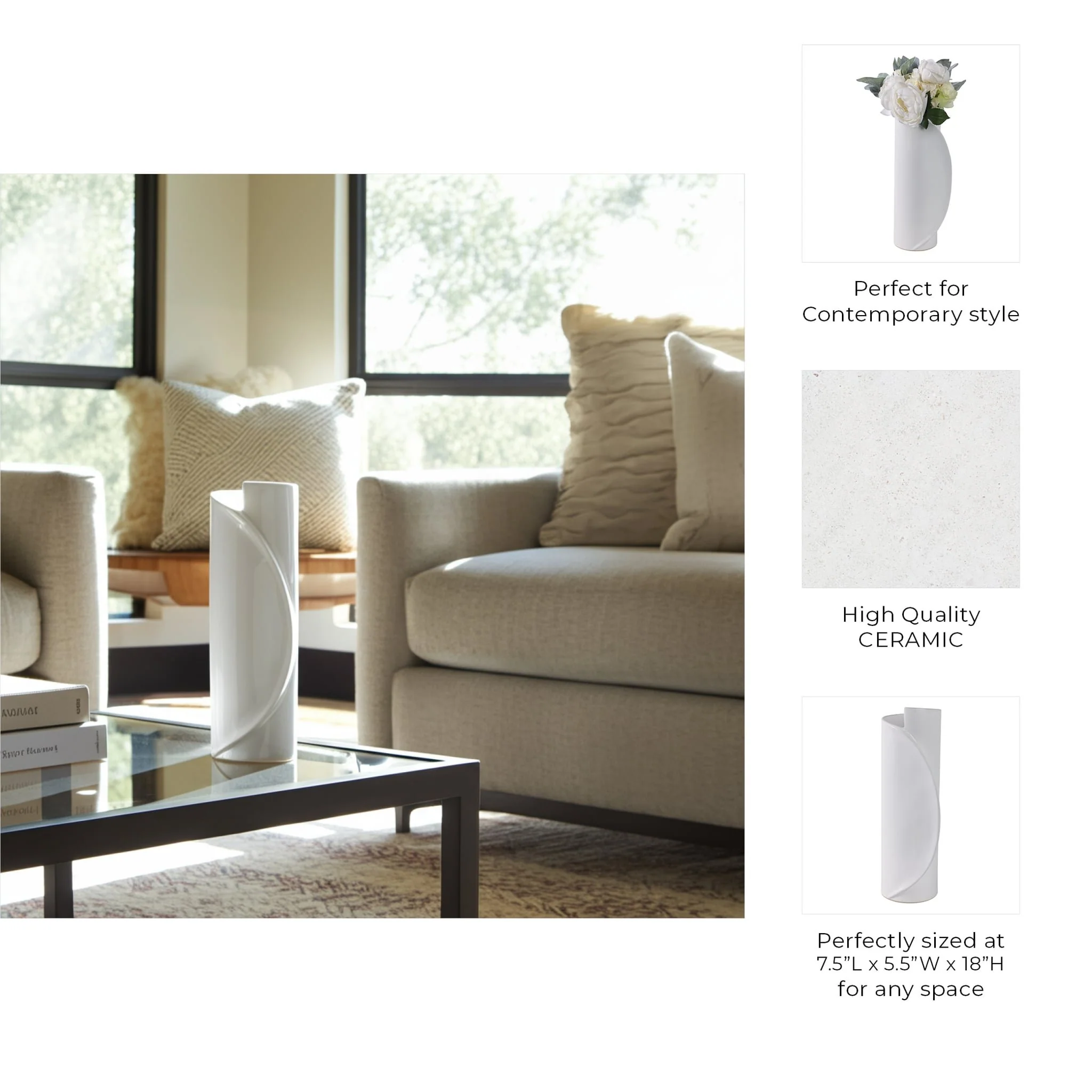 18x7" Wrap Around Vase, White - Image 9
