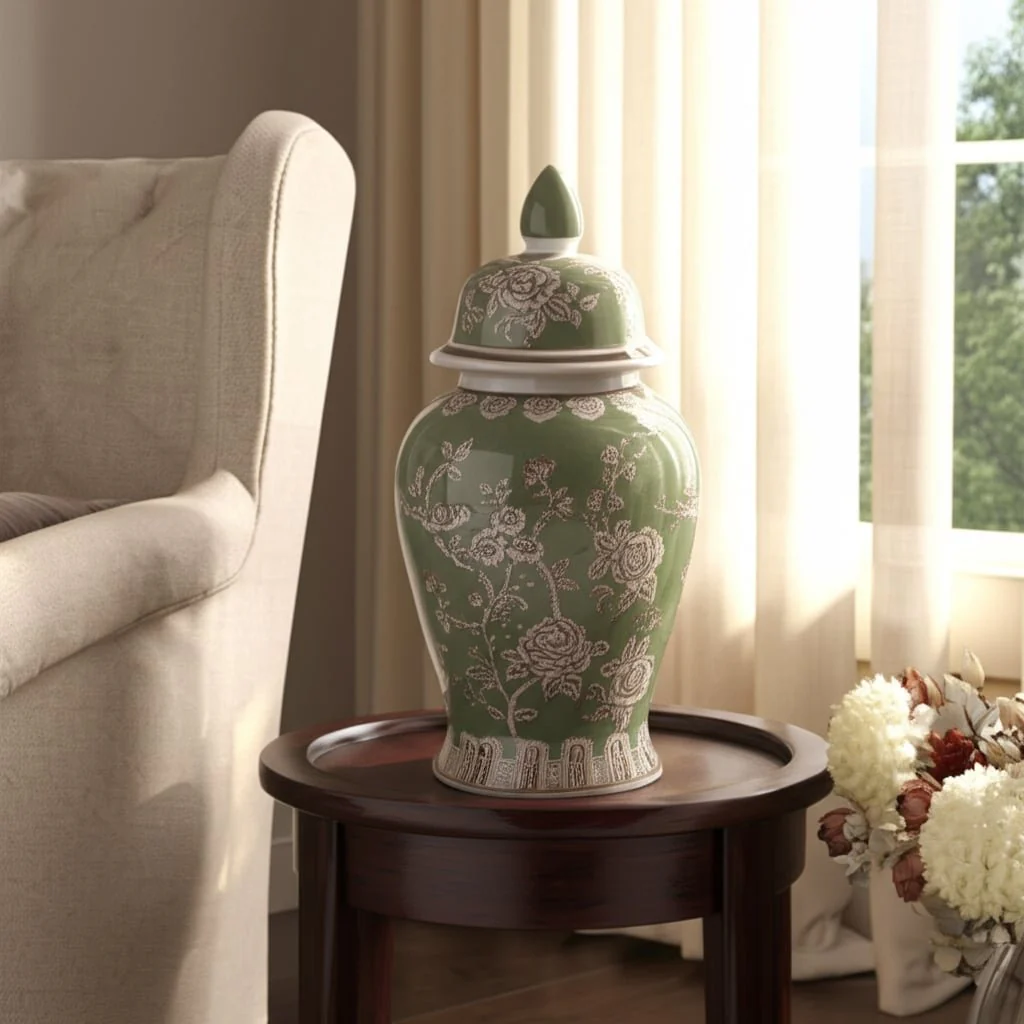 18x9" Bird & Flower Temple Jar, Green/brown - Image 12