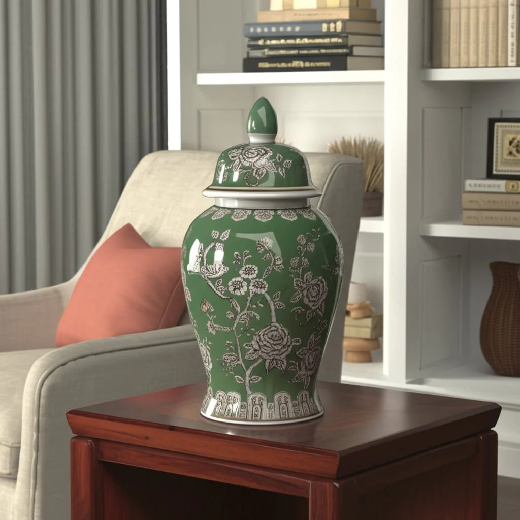 18x9" Bird & Flower Temple Jar, Green/brown - Image 13