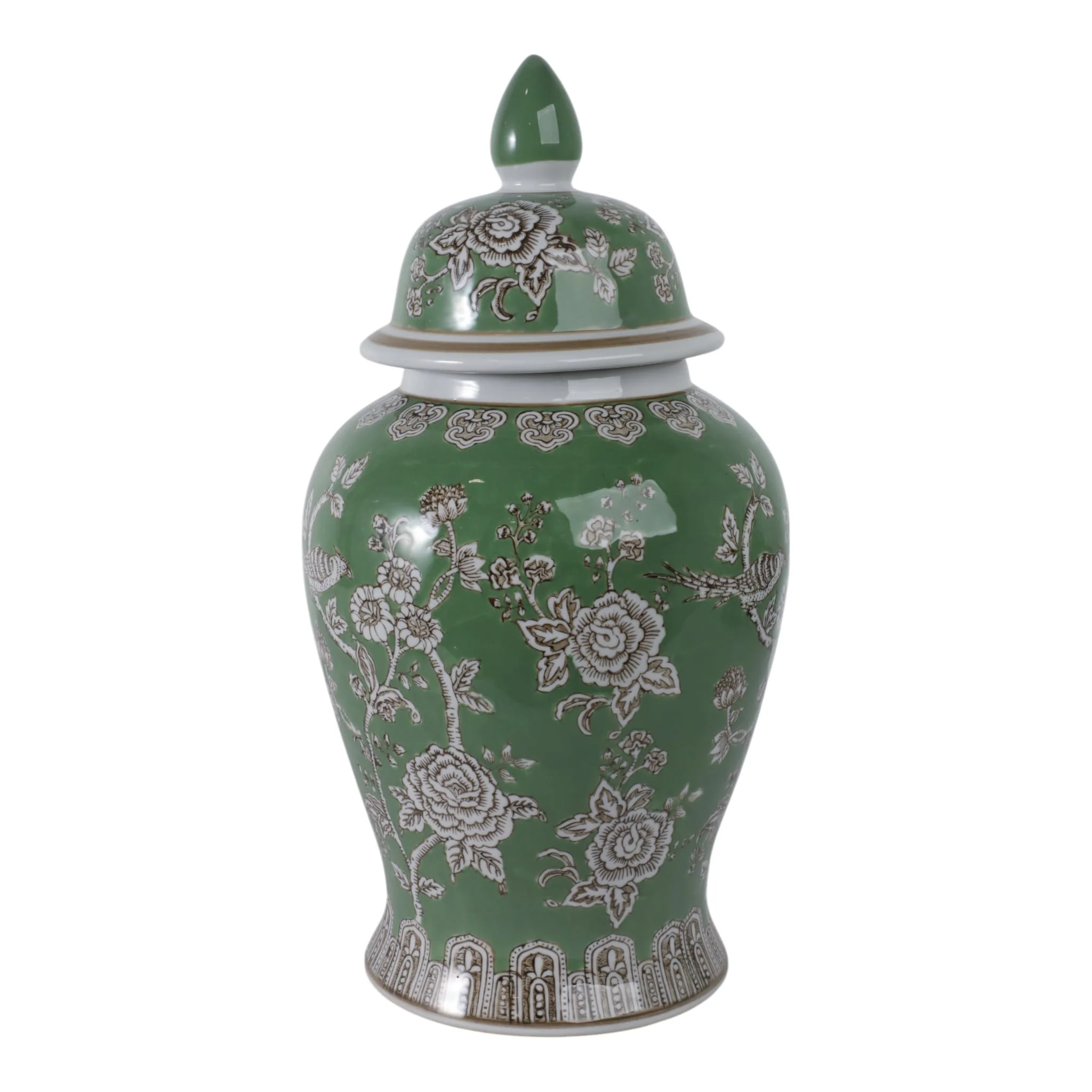 18x9" Bird & Flower Temple Jar, Green/brown - Image 3