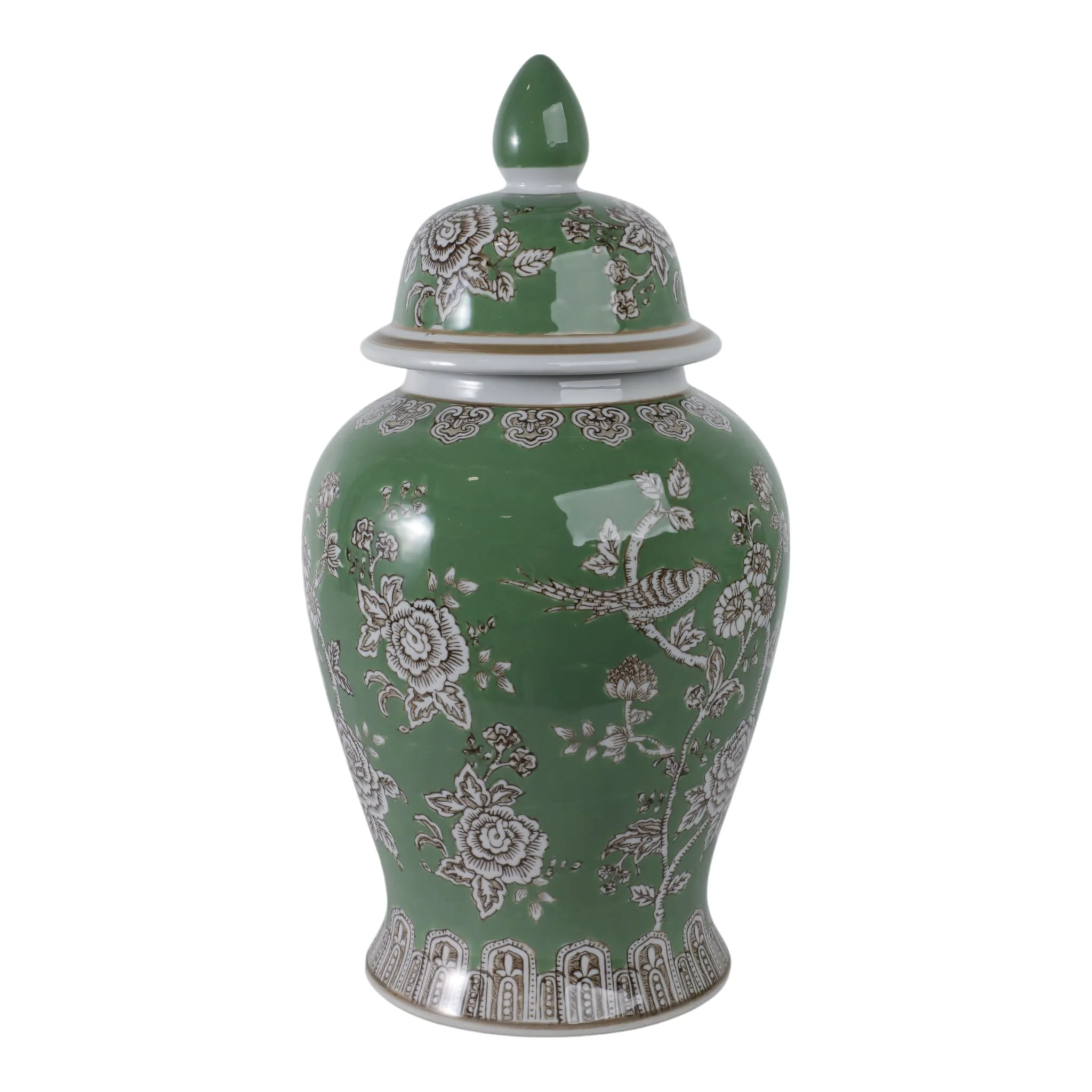 18x9" Bird & Flower Temple Jar, Green/brown - Image 4
