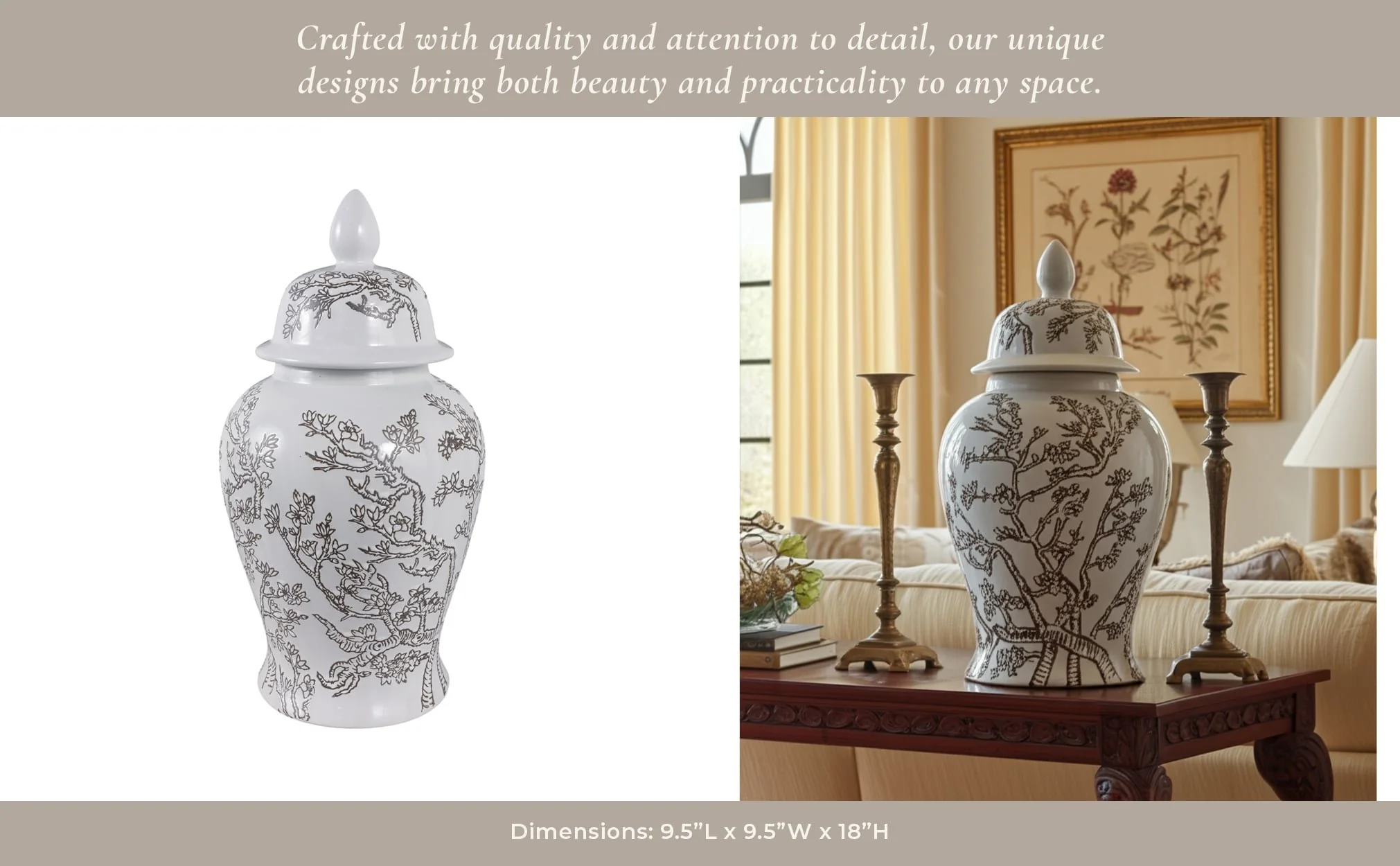 18x9" Cherry Blossom Temple Jar, White/ Brown - Image 13