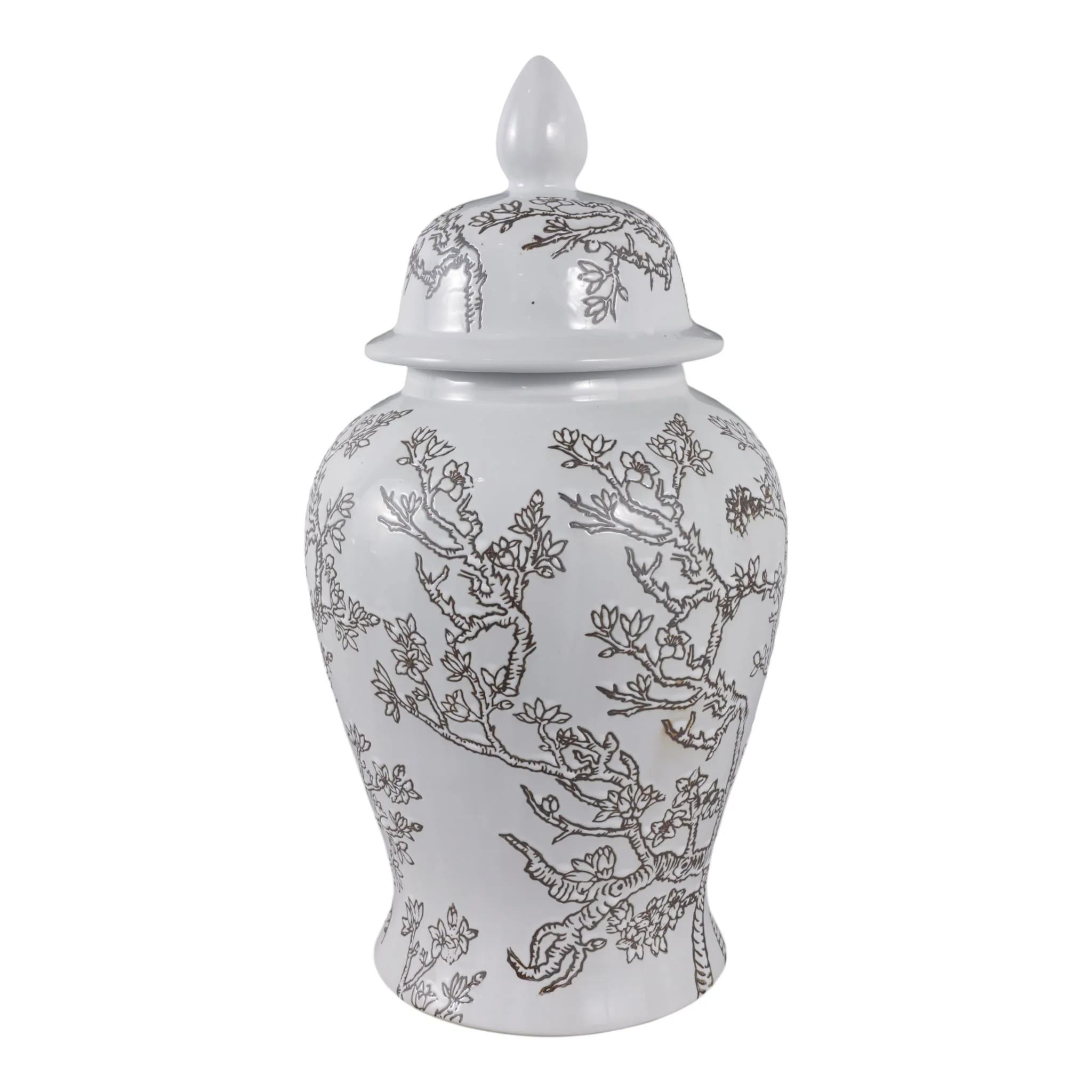 18x9" Cherry Blossom Temple Jar, White/ Brown - Image 4