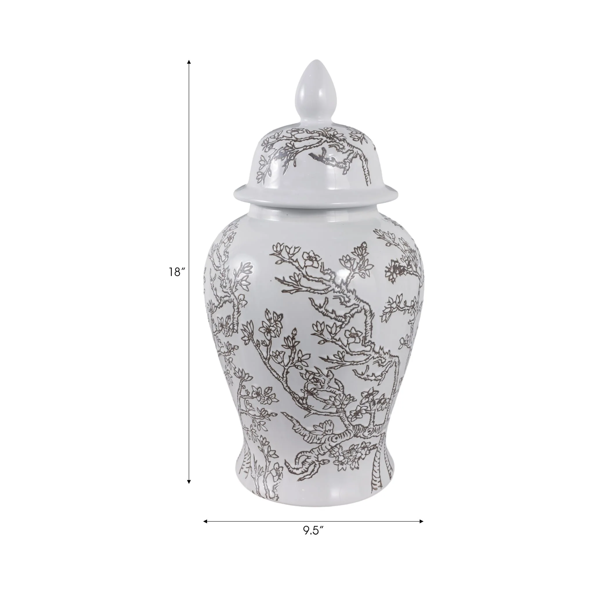 18x9" Cherry Blossom Temple Jar, White/ Brown - Image 8