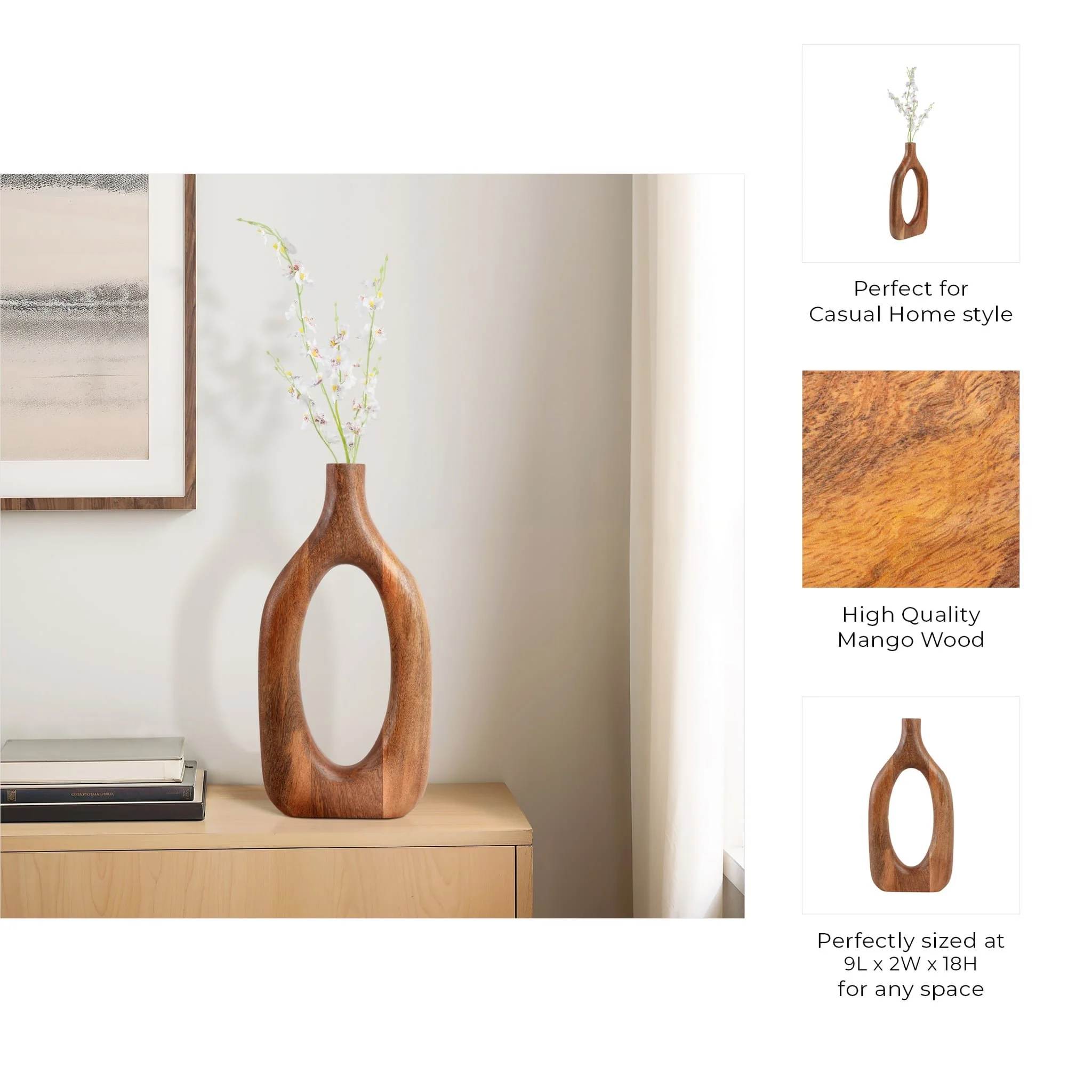 18x9" Open Cut-out Wood Vase, Natural - Image 10