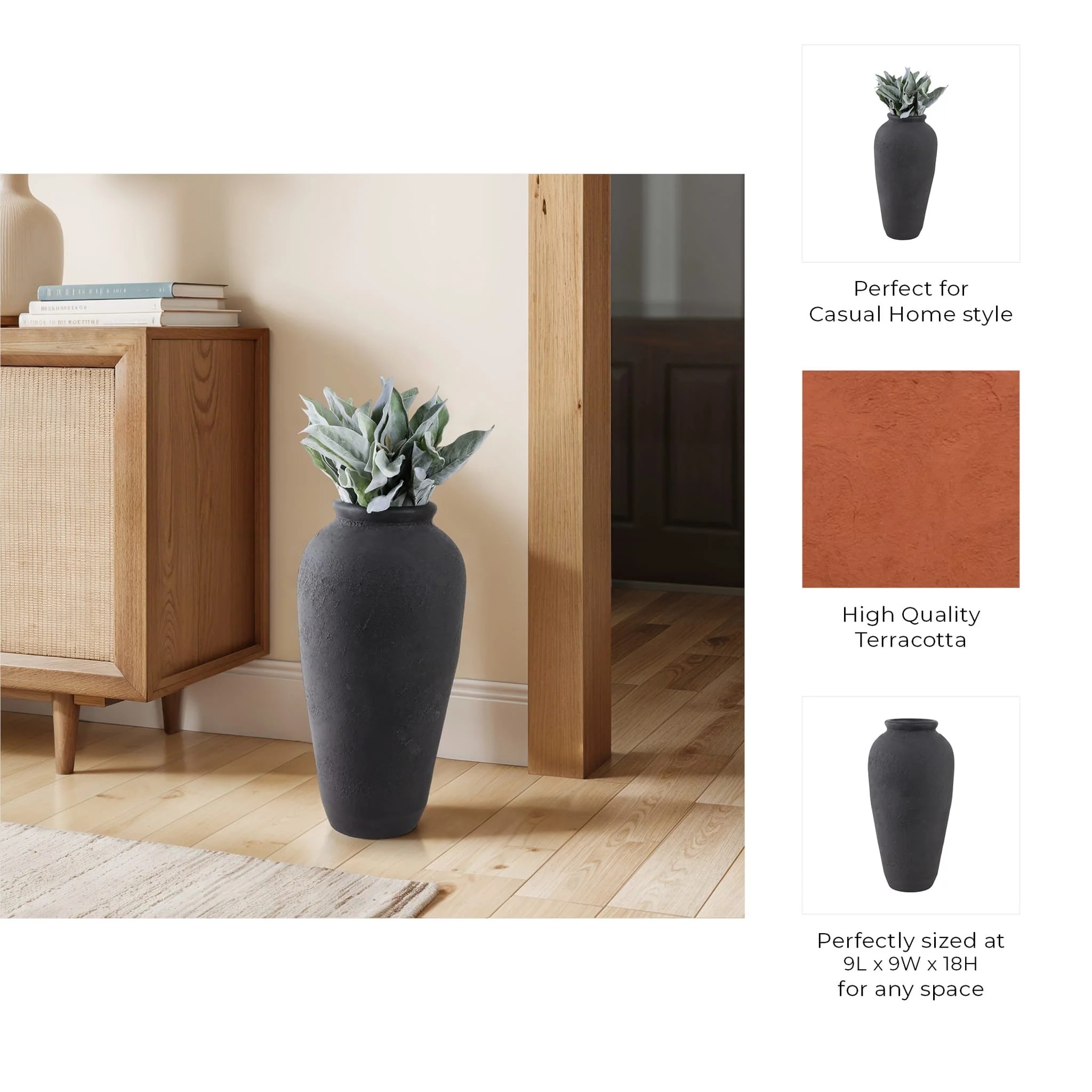 18x9" Terracotta Floor Vase, Black - Image 9