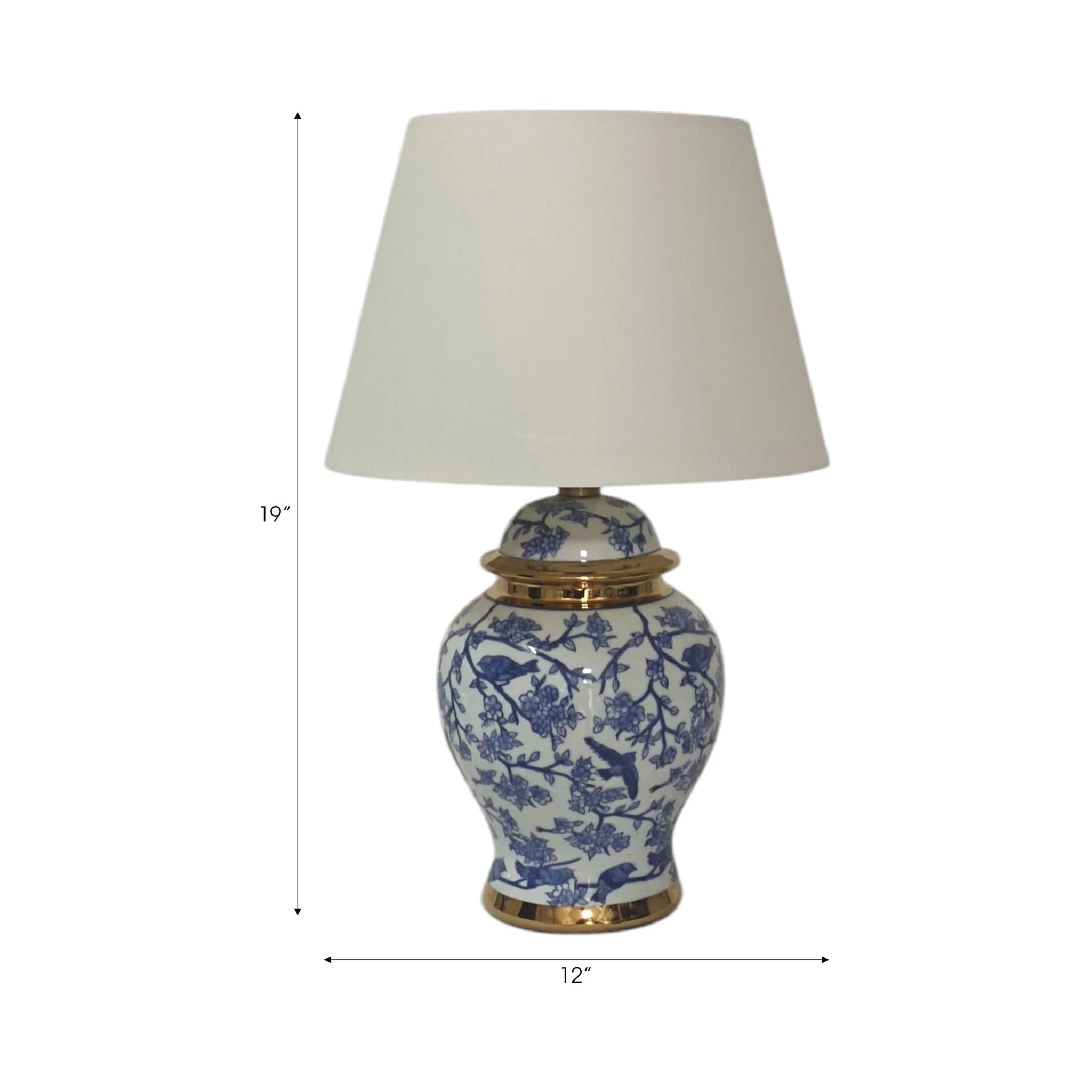 19" Chinoiserie Birds Table Lamp Gold Trim, White/ - Image 7