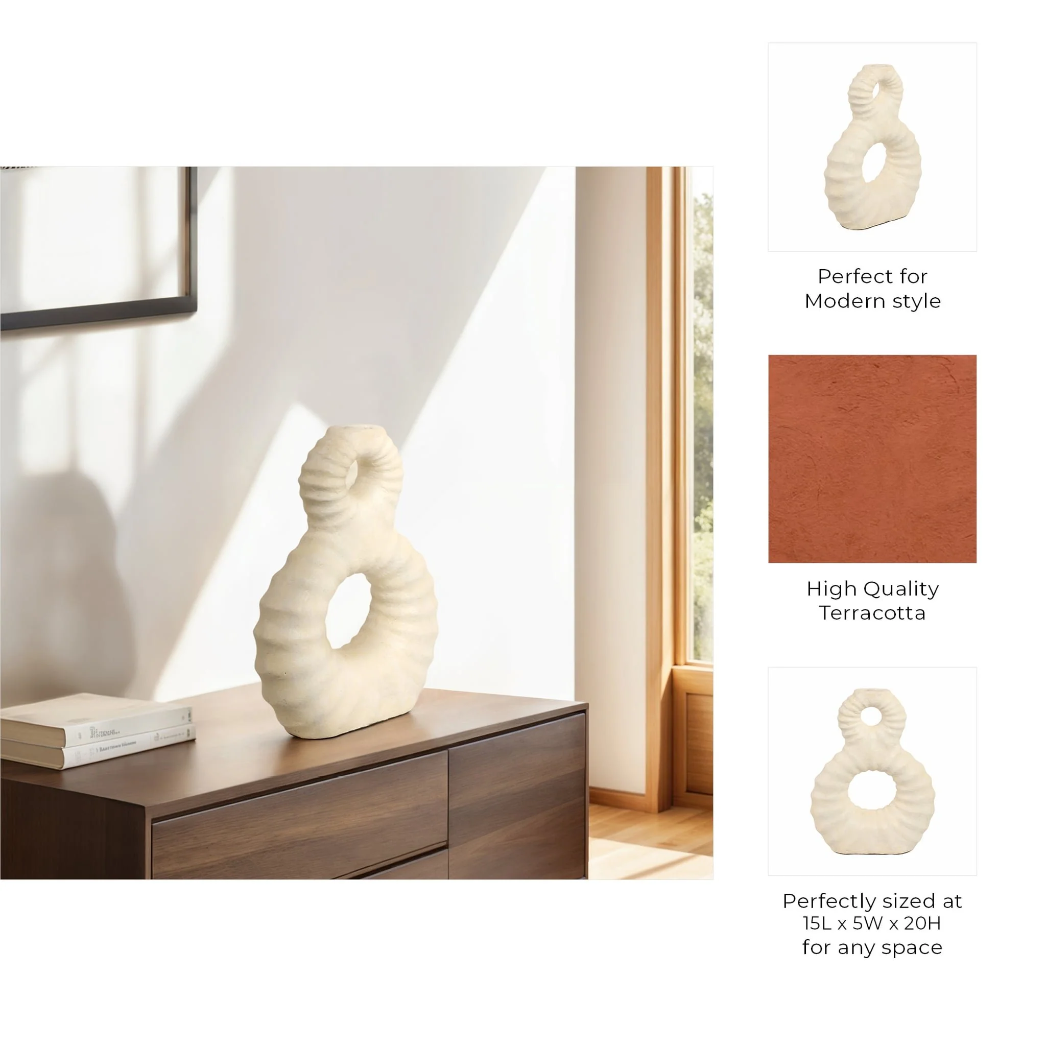 19" Ridged Eight Shape Terracotta Vase, Ivory - Image 9