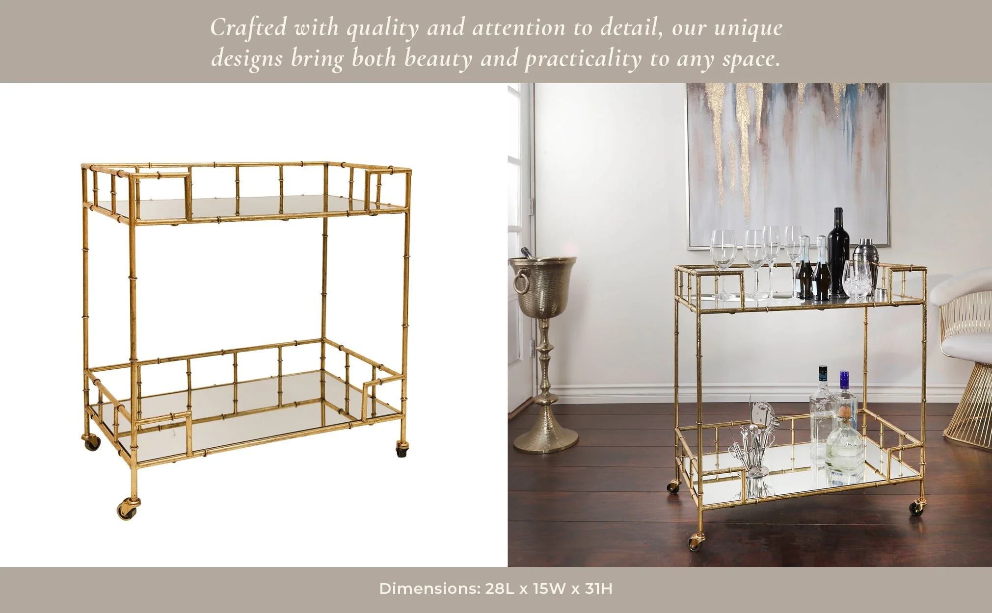 2-tier Gold Metal Bar Cart, Mirrored Top - Image 10
