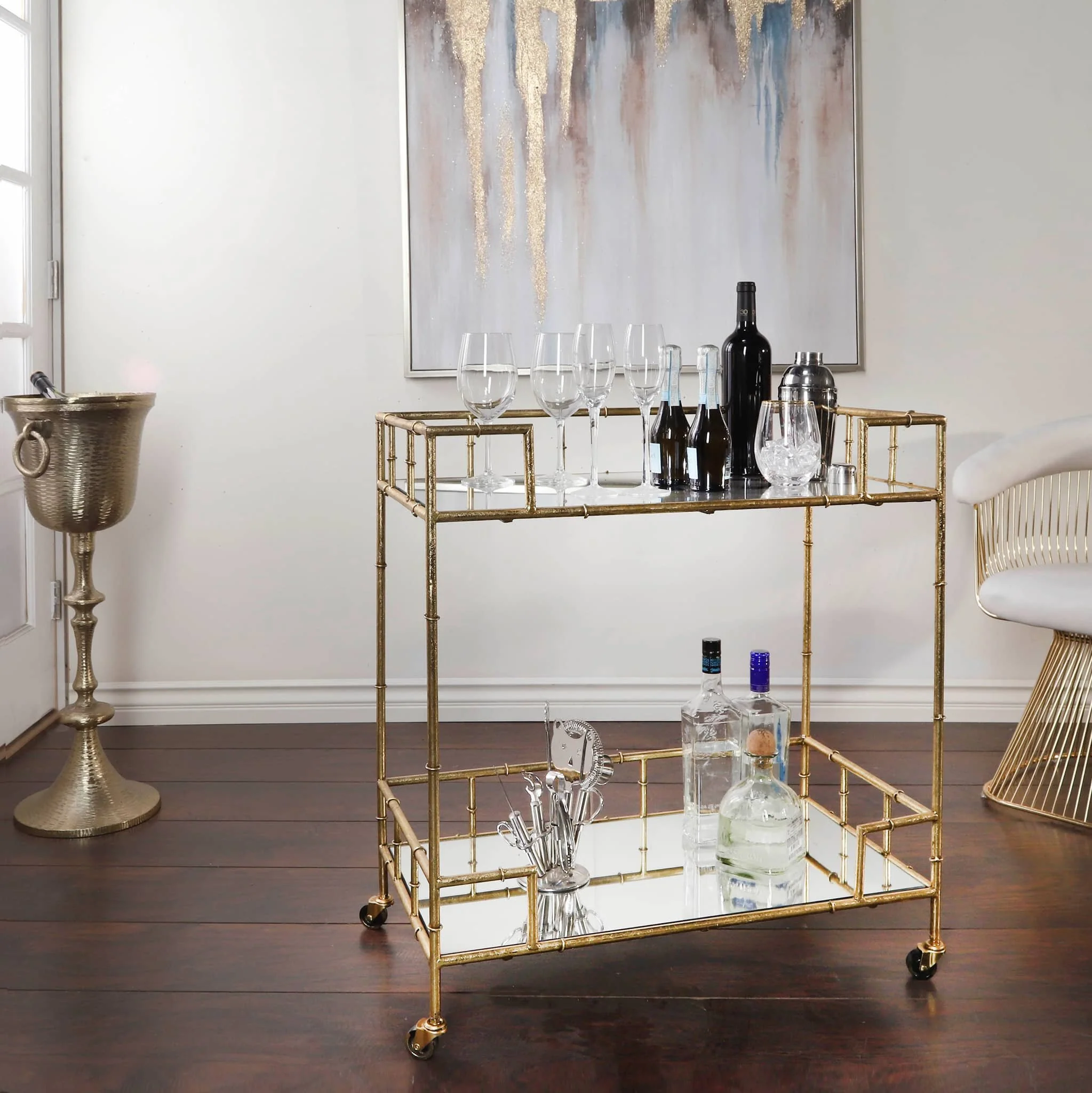 2-tier Gold Metal Bar Cart, Mirrored Top - Image 9