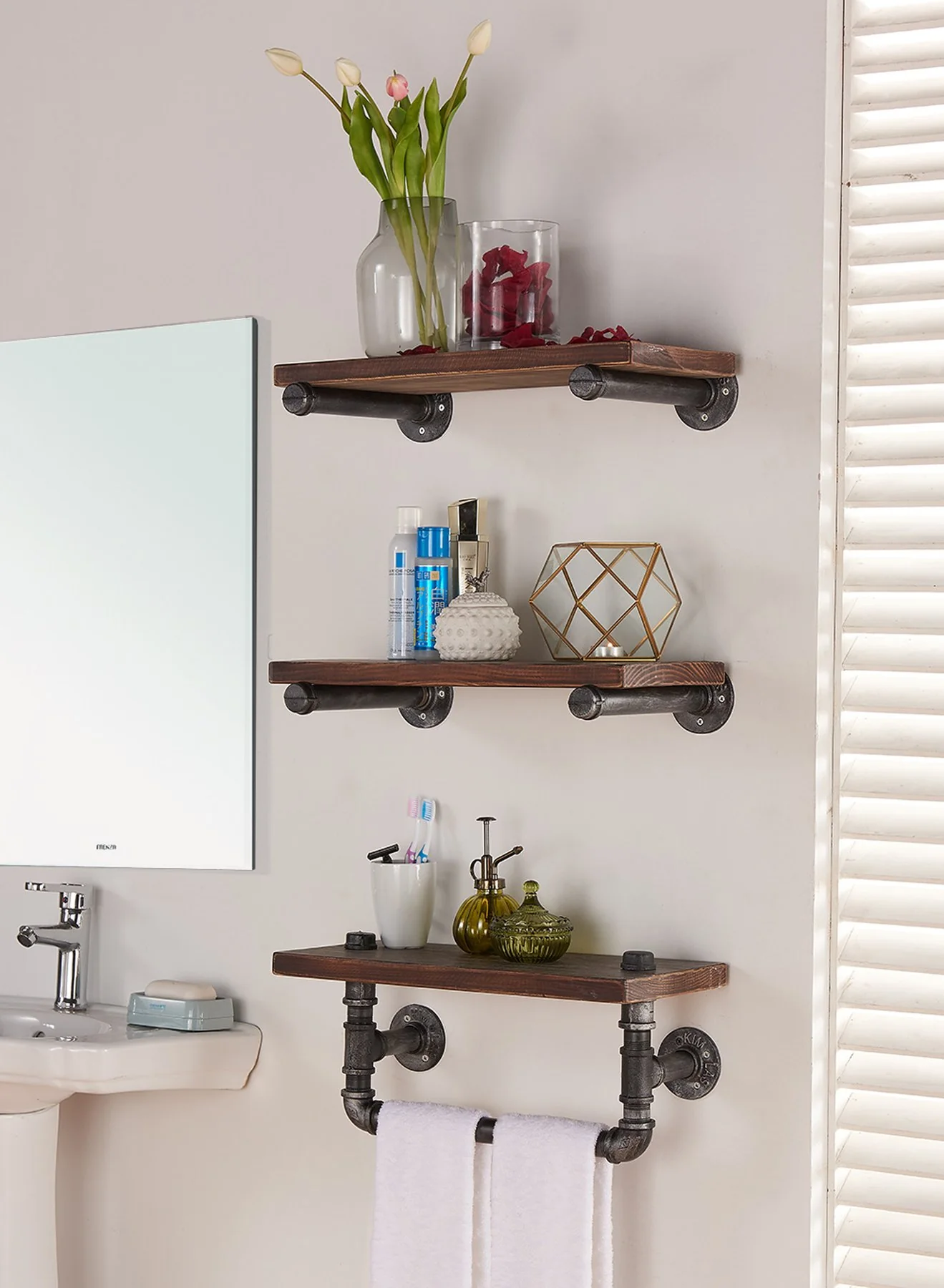 20" Conrad Industrial Pine Wood Floating Wall Shelf in Gray and Walnut Finish - Image 3