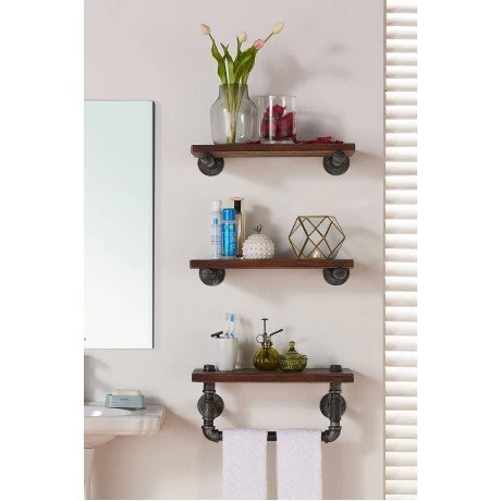 20" Conrad Industrial Pine Wood Floating Wall Shelf in Gray and Walnut Finish - Image 4