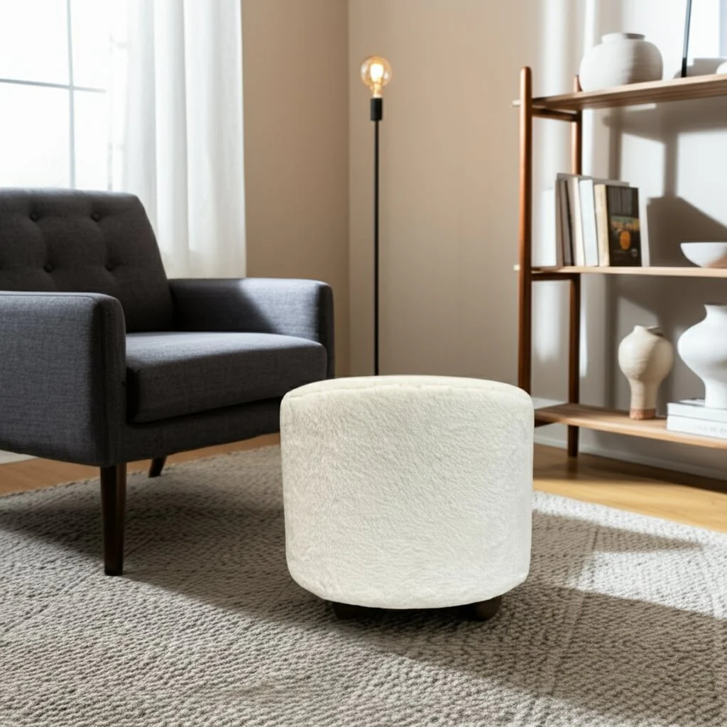 20" Faux Fur Ottoman W/ Ball Feet, Ivory - Image 10