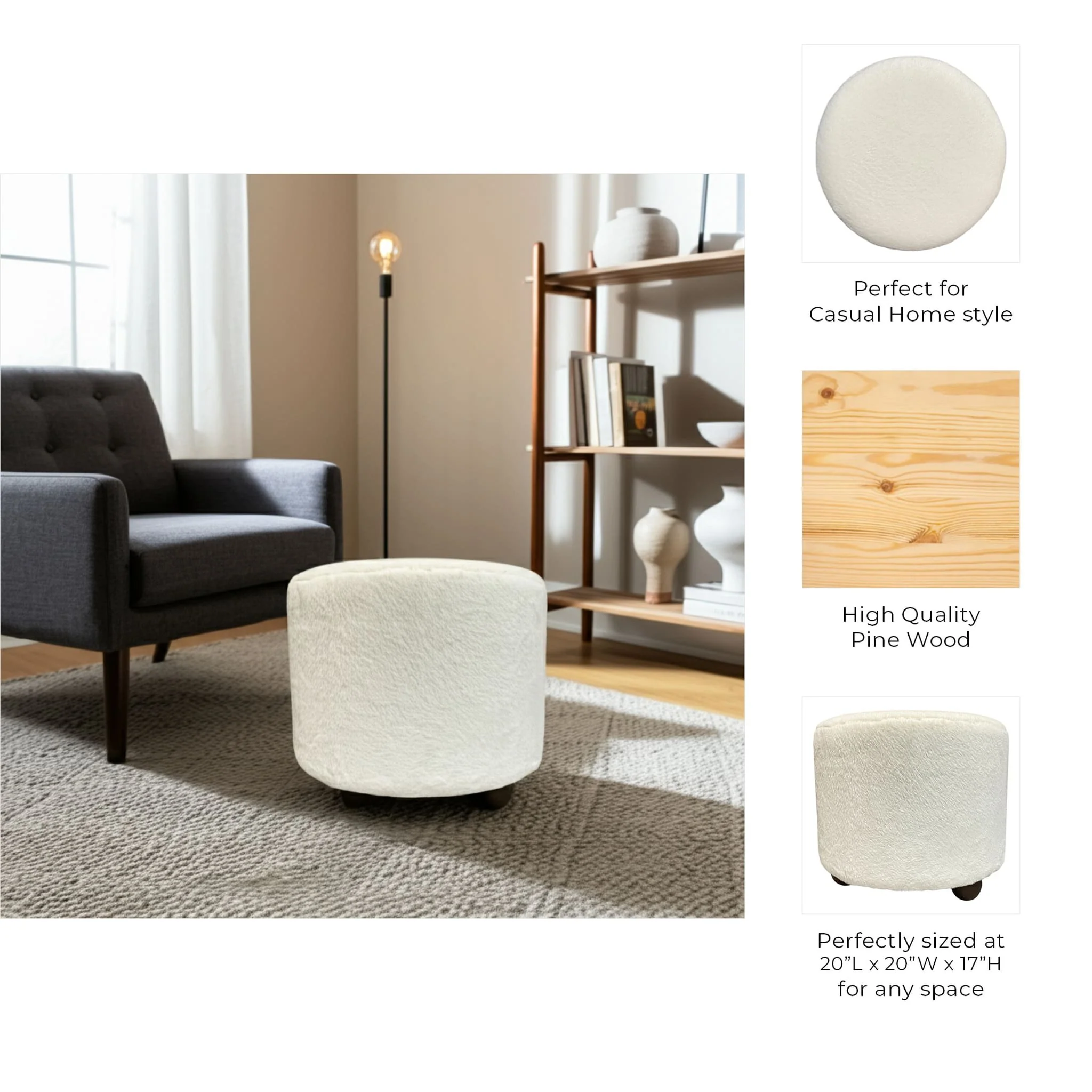 20" Faux Fur Ottoman W/ Ball Feet, Ivory - Image 9