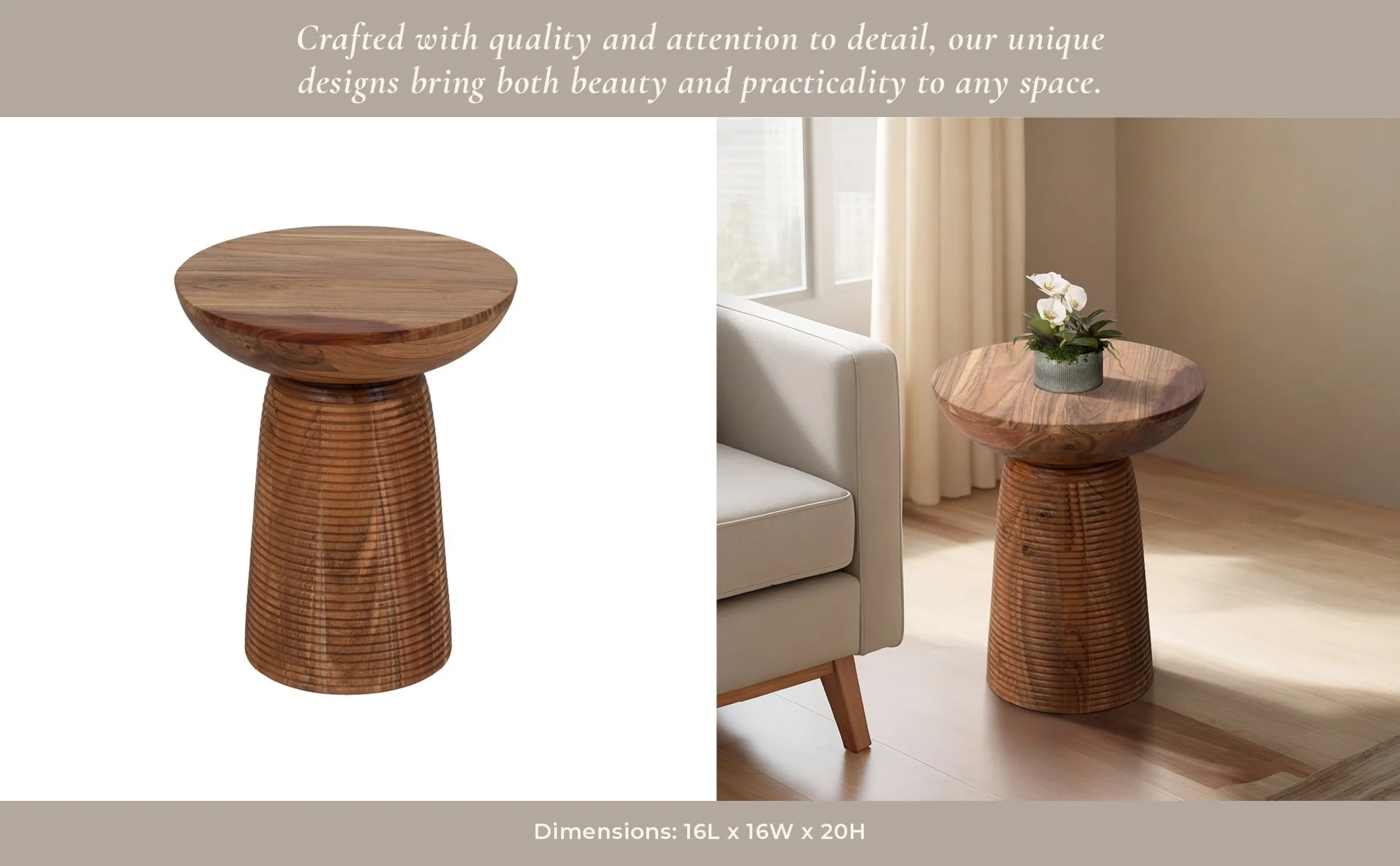 20" Grooved Base Wood Accent Table, Natural - Image 10