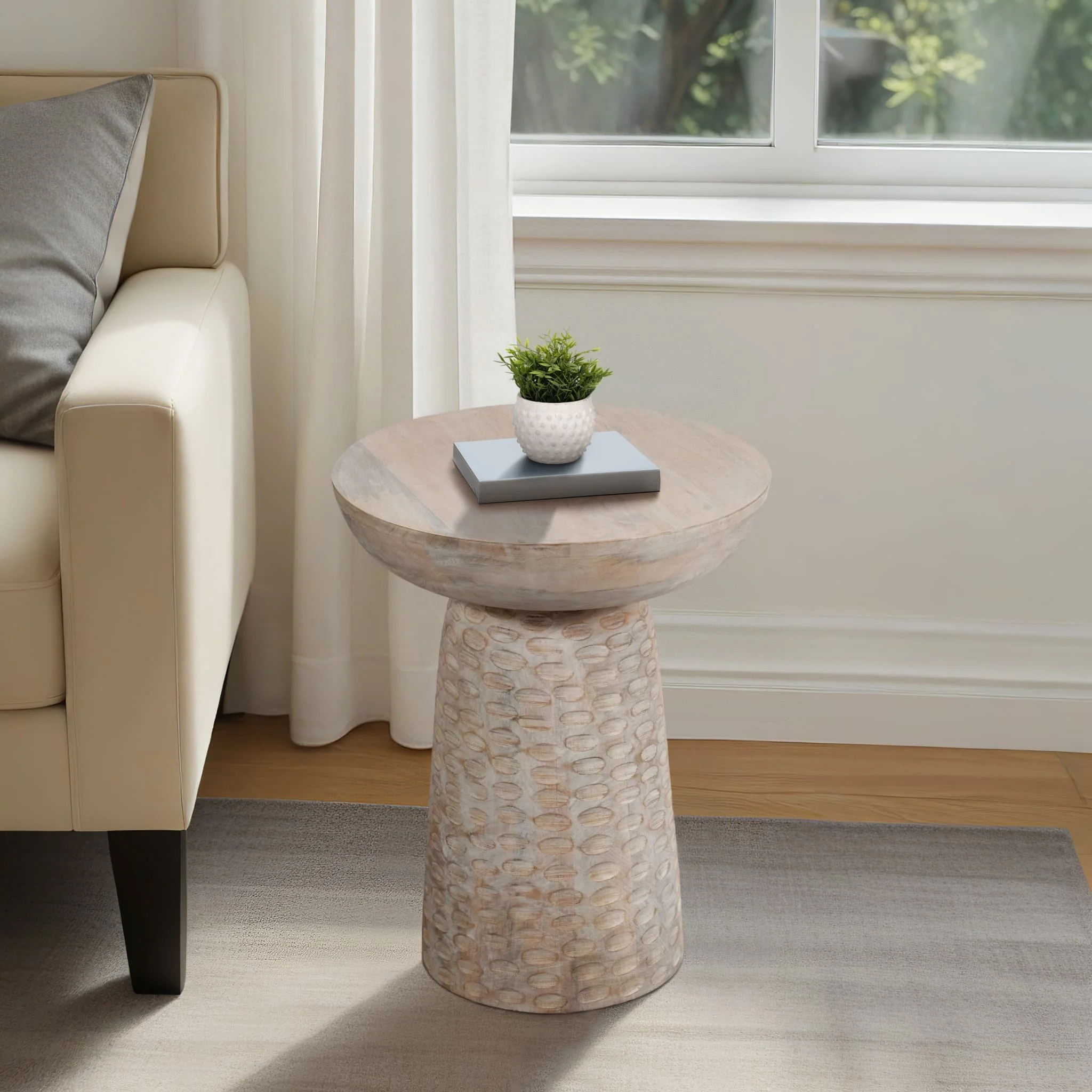20" Hammered Base Wood Accent Table, White Wash - Image 9
